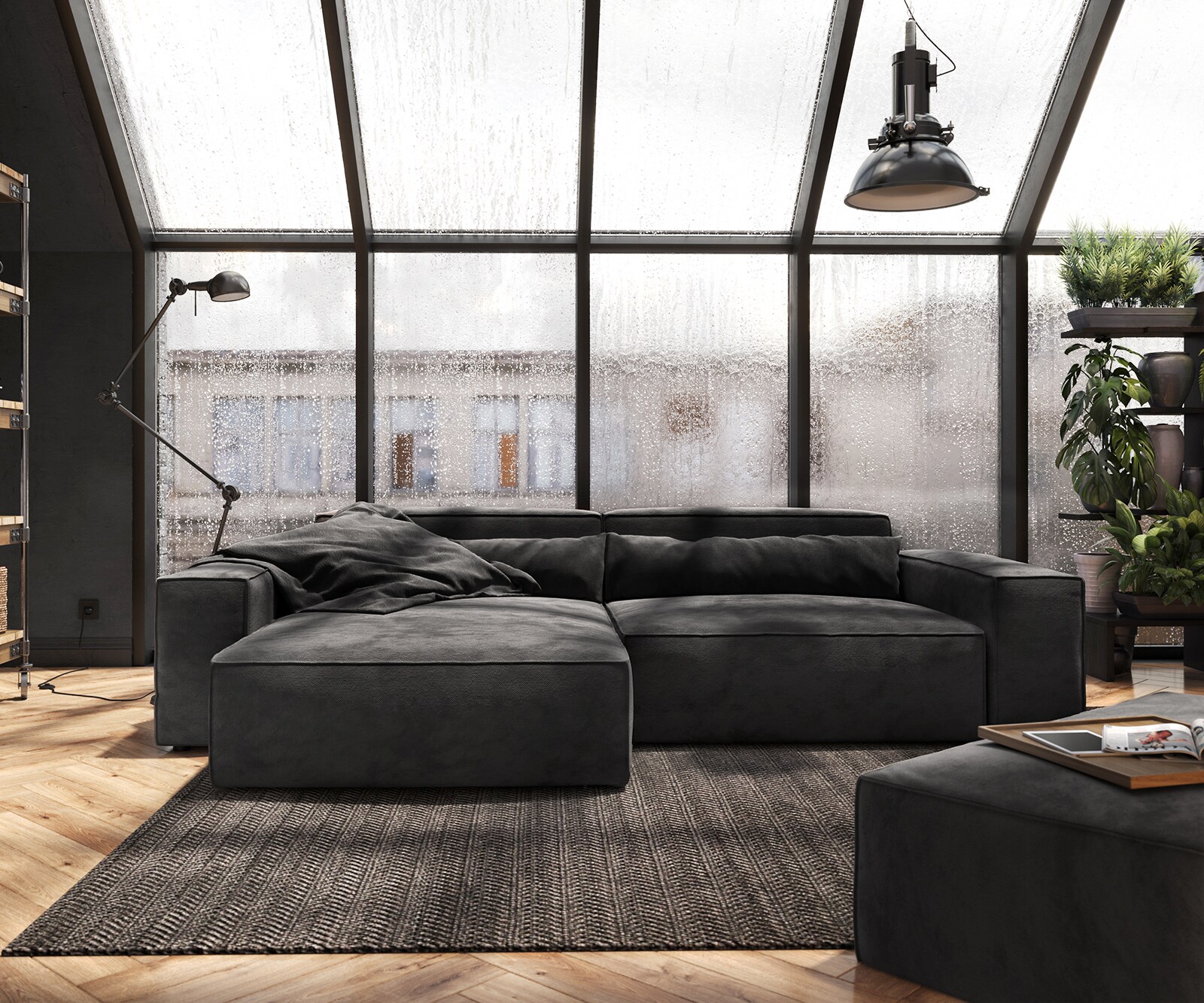 Ecksofa Sirpio XL 270x170 cm Mikrofaser Schwarz Recamiere variabel mit Hocker 1