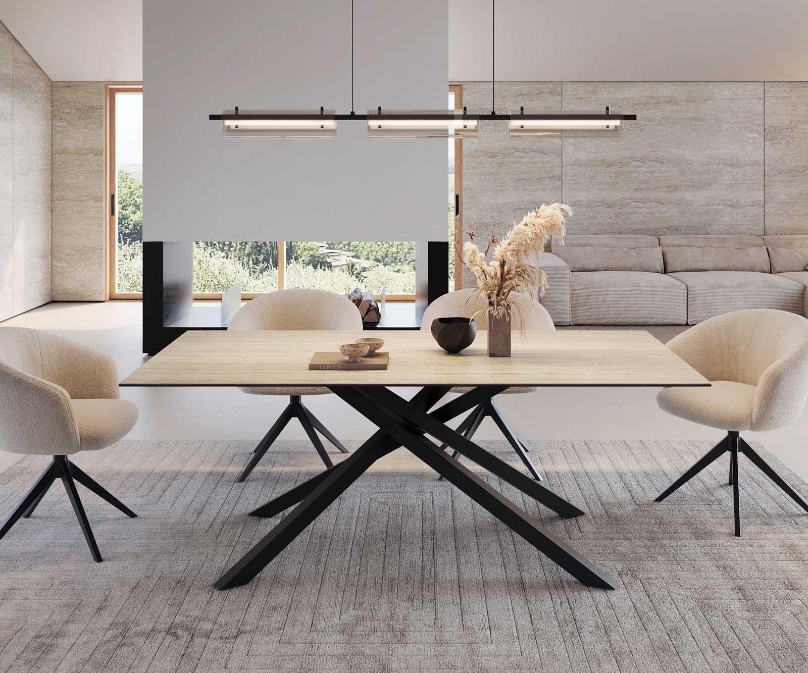 Table à manger Edge 200x100 céramique Travertin nature cadre croisé rectangulaire noir 2