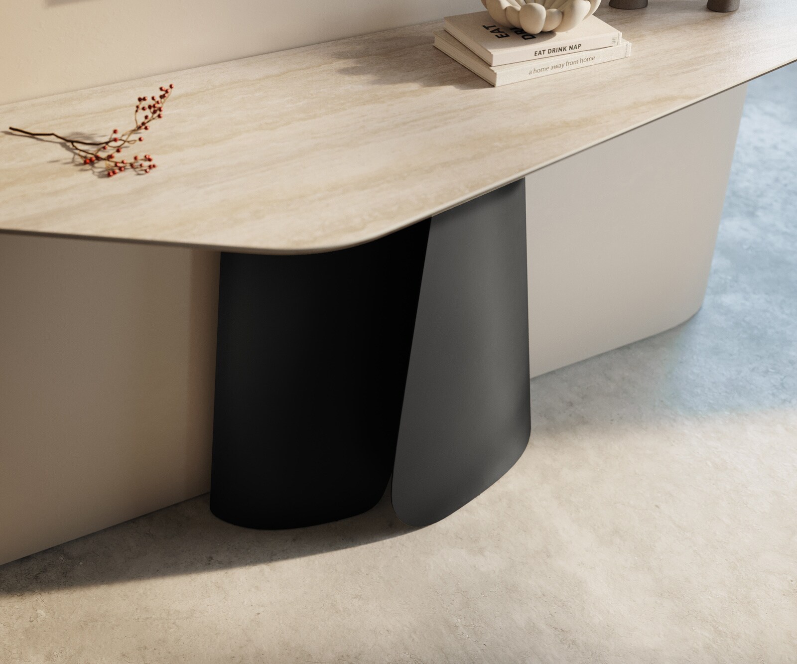 Console Edge Polygonal 140x50 cm Céramique Laminam® Travertino Bianco Creme-Weiß Livos Métal Noir 6