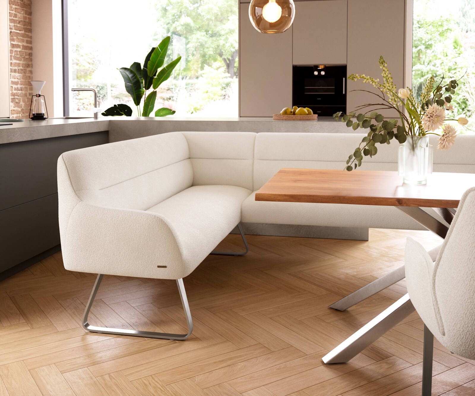 Banc-de-salle-à-manger Taya-Flex 285x190 cm bouclé crème-blanc châssis à patins plat acier inoxydable ressort ensaché à droite 4