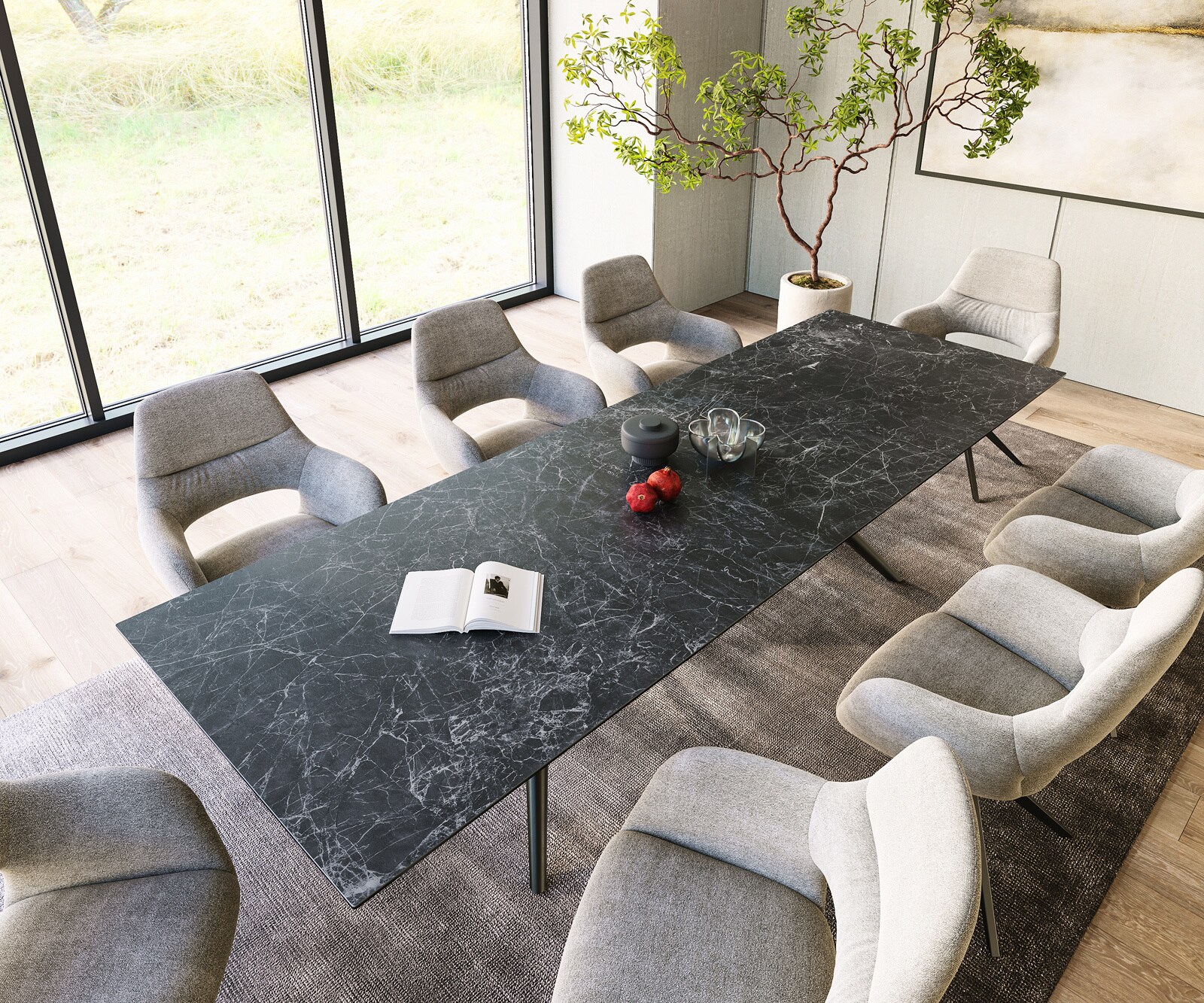 Table à manger Edge 300x100 Céramique Laminam®Nero Greco Anthracite Estelar rond Métal Noir 4