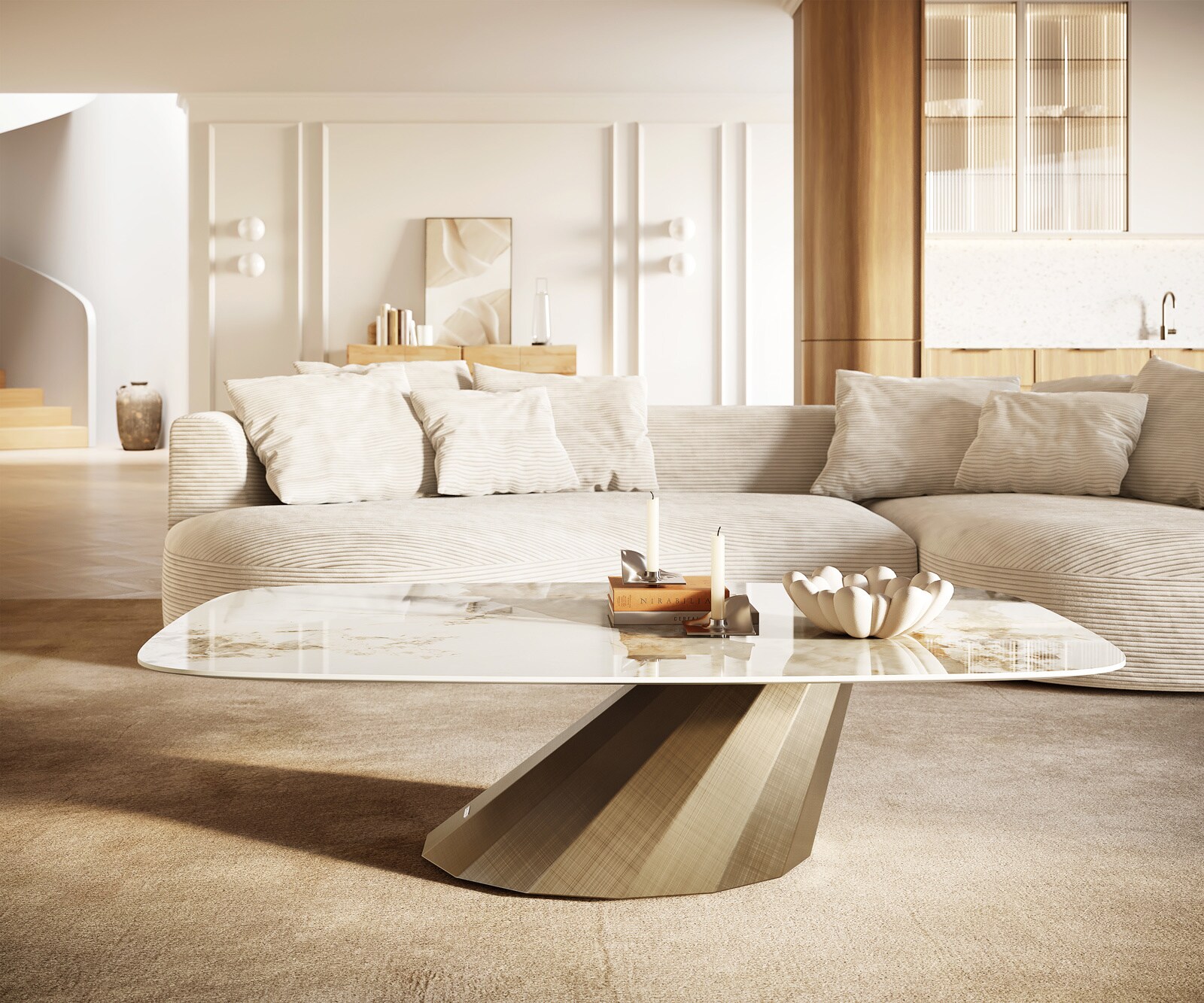 Couchtisch Edge Boot 140x80 cm Keramik Minas Melange Parabi Metallic Gold 1