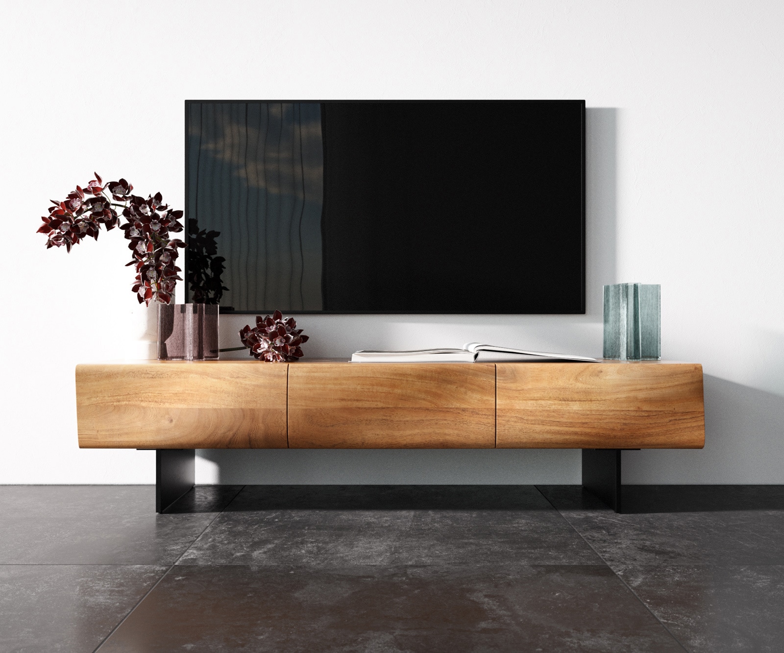 Meuble - TV New Live-Edge 145 cm acacia naturel 3 portes pied flottant métal noir 3 Meuble - TV New Live-Edge 145 cm acacia naturel 3 portes pied flottant métal noir 3