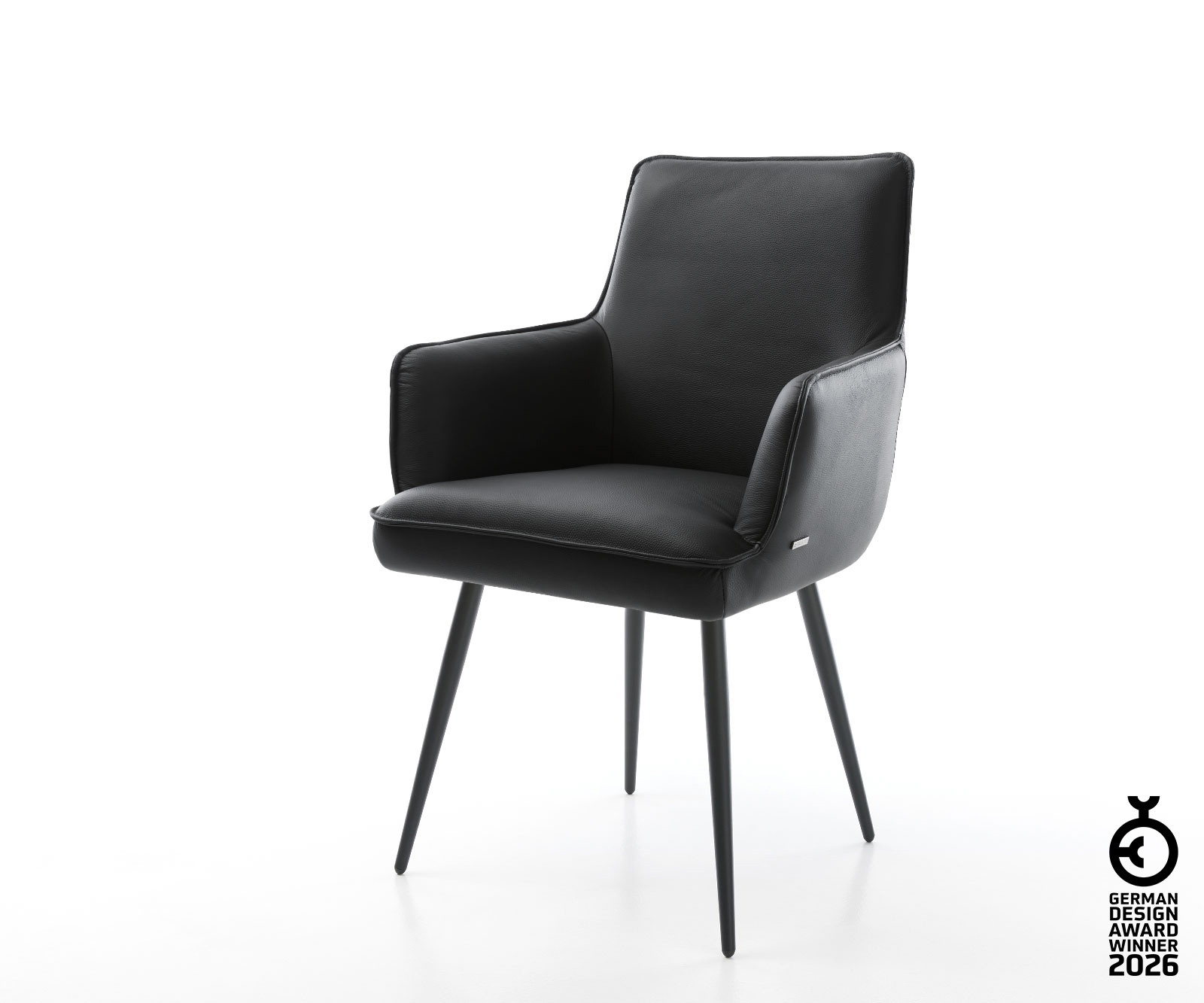 Chaise-de-salle-à-manger Heira-Flex avec accoudoirs cuir de vache noir 4 pieds coniques noir ressorts ensachés 1