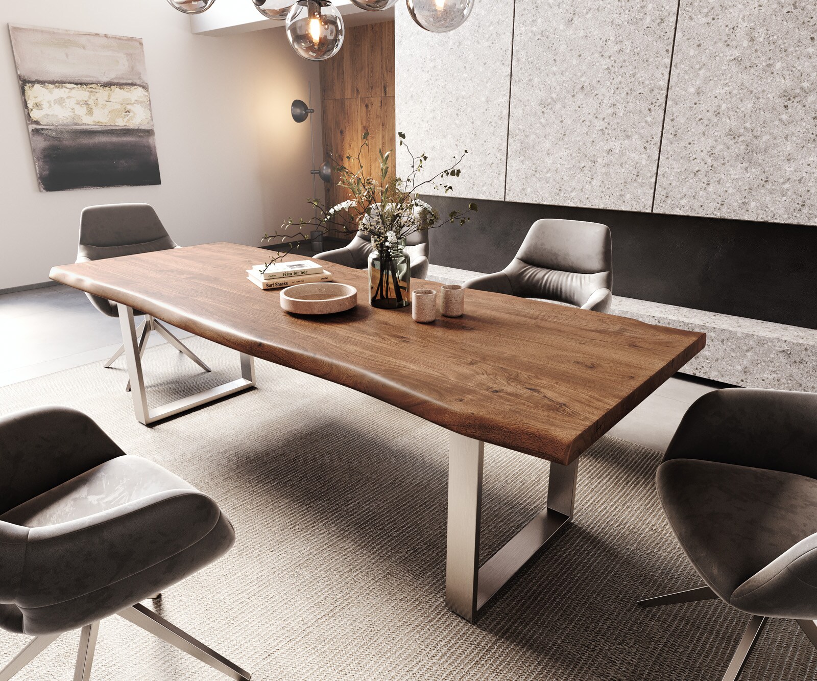 Esstisch Edge 260x100 XL Akazie Braun Edelstahl Schmal Live-Edge 1