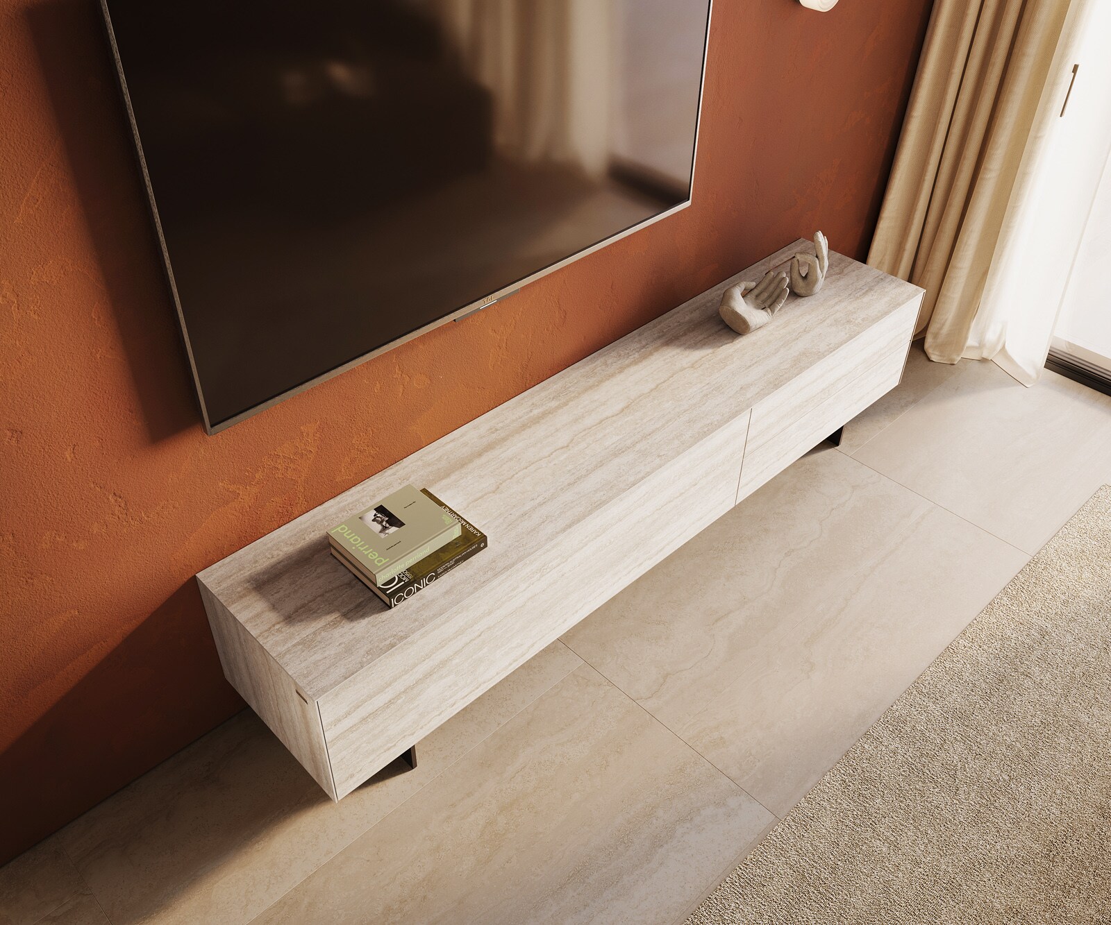 Lowboard Cuor 220 cm Keramik Laminam® Travertino Bianco Creme-Weiß 1 Klappe 2 Schubfächer Fuß Schwebeoptik Metall Schwarz 4