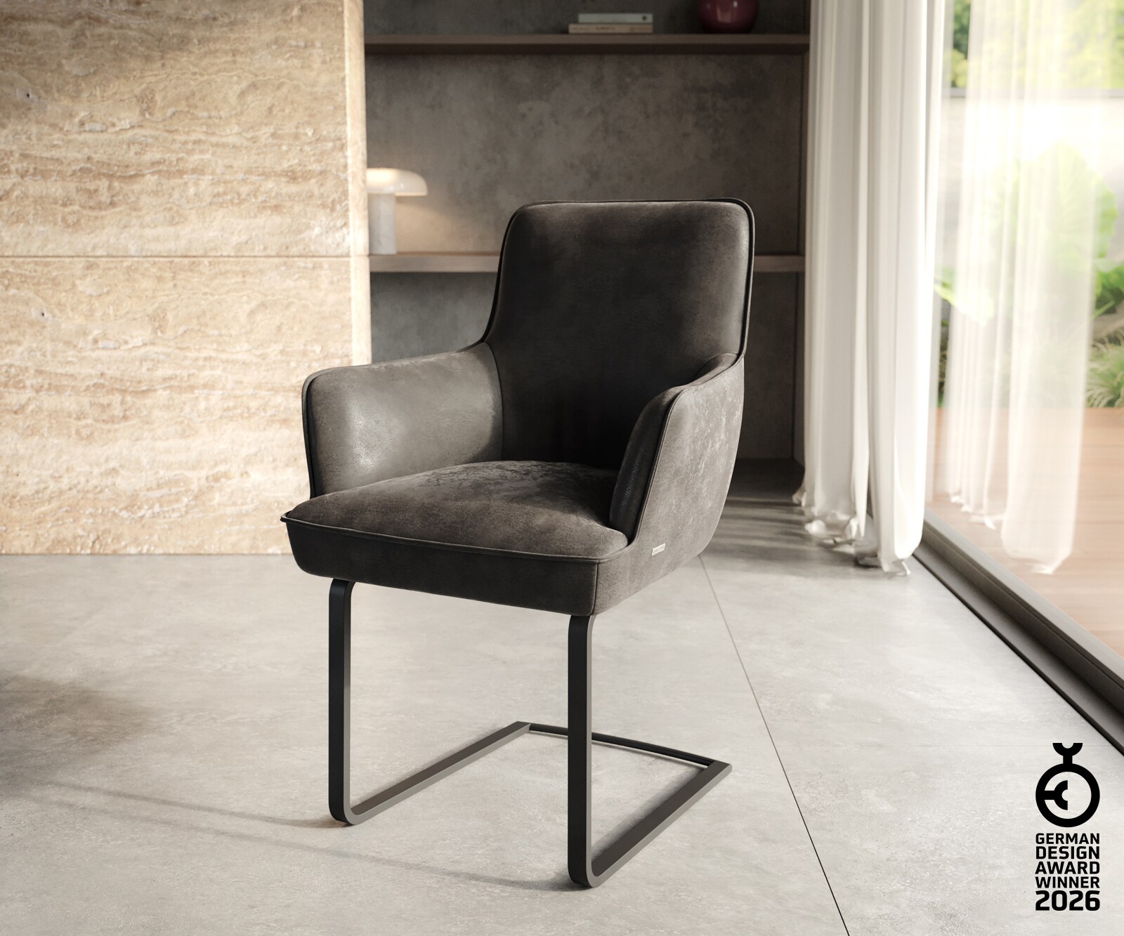 Cantilever Heira-Flex avec accoudoirs microvelours anthracite vintage pied cantilever plat noir ressorts ensachés