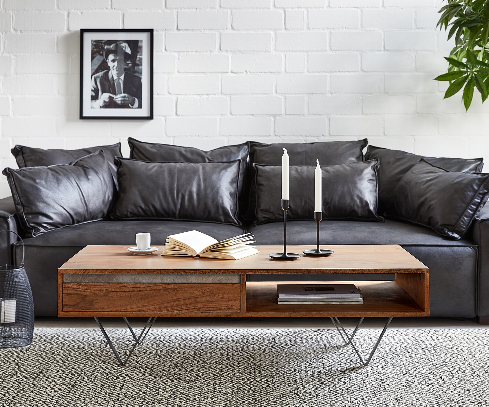 Table-basse Stonegrace 115x60 cm Acacia marron ardoise 2 tiroirs 1 compartiment Pied en V noir 1