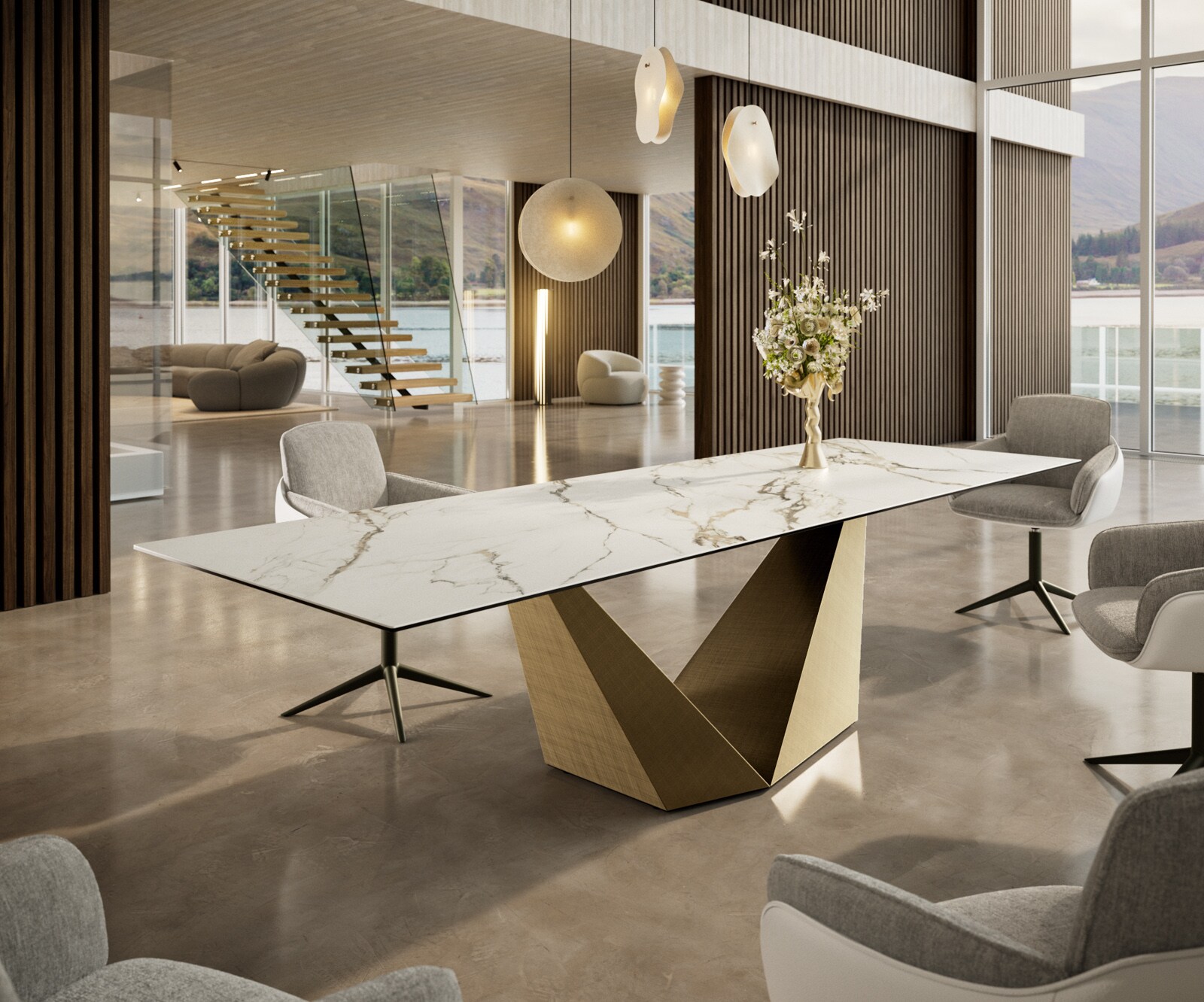 Esstisch Edge 300x100 Keramik Calacatta Luxe Weiß-Gold-Grau Prisma Metallic Gold 1