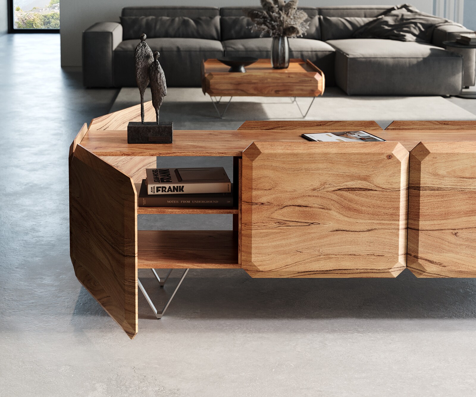 Lowboard Kiano 220 cm Akazie Natur 4 Türen V-Fuß Edelstahl Raumteiler 4 Lowboard Kiano 220 cm Akazie Natur 4 Türen V-Fuß Edelstahl Raumteiler 4