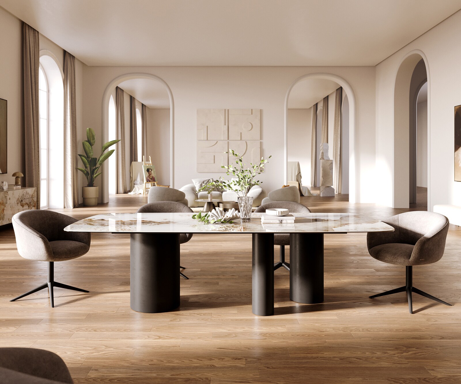 Esstisch Edge Boot 260x120 cm Keramik Minas Melange Weiß-Beige Troa Metall Schwarz 1