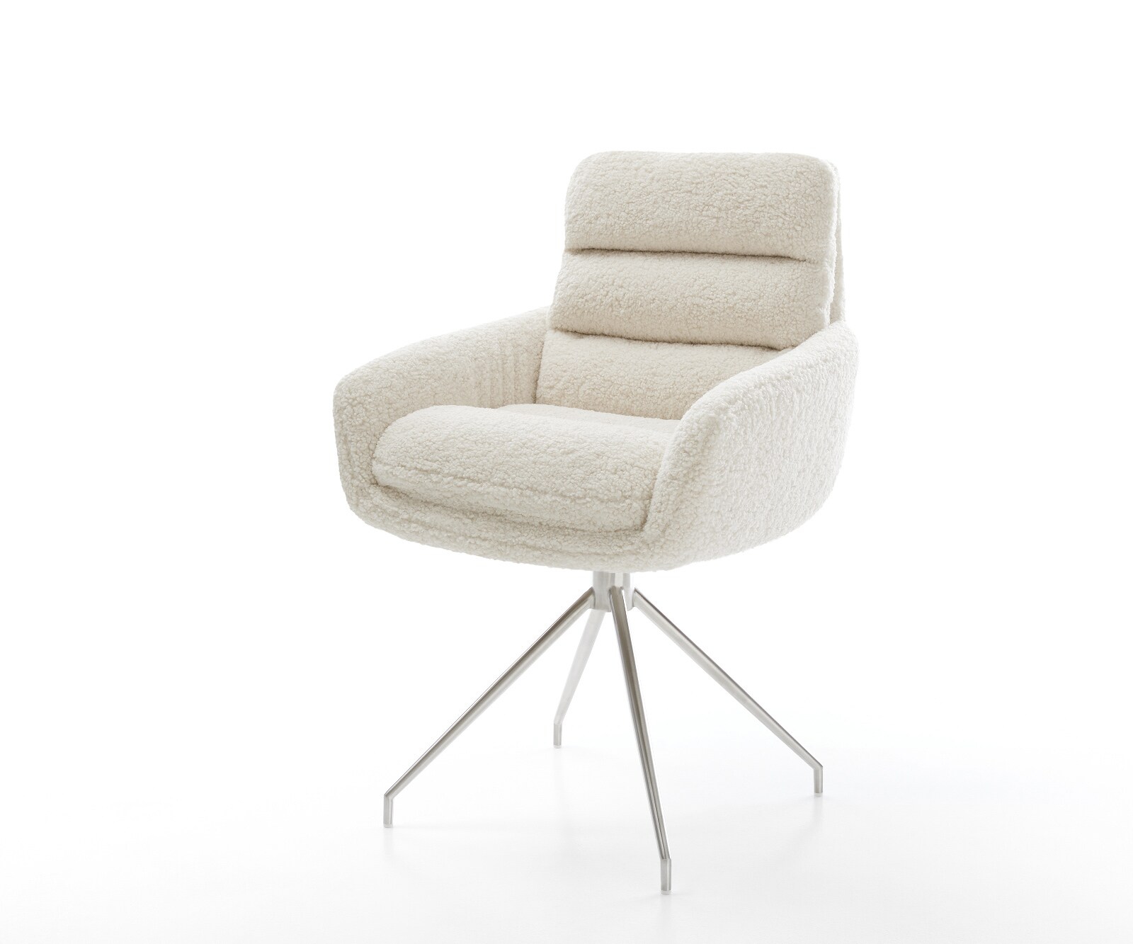 Chaise-de-salle-à-manger Abelia-Flex avec accoudoirs tissu teddy beige pied croisé conique acier inoxydable