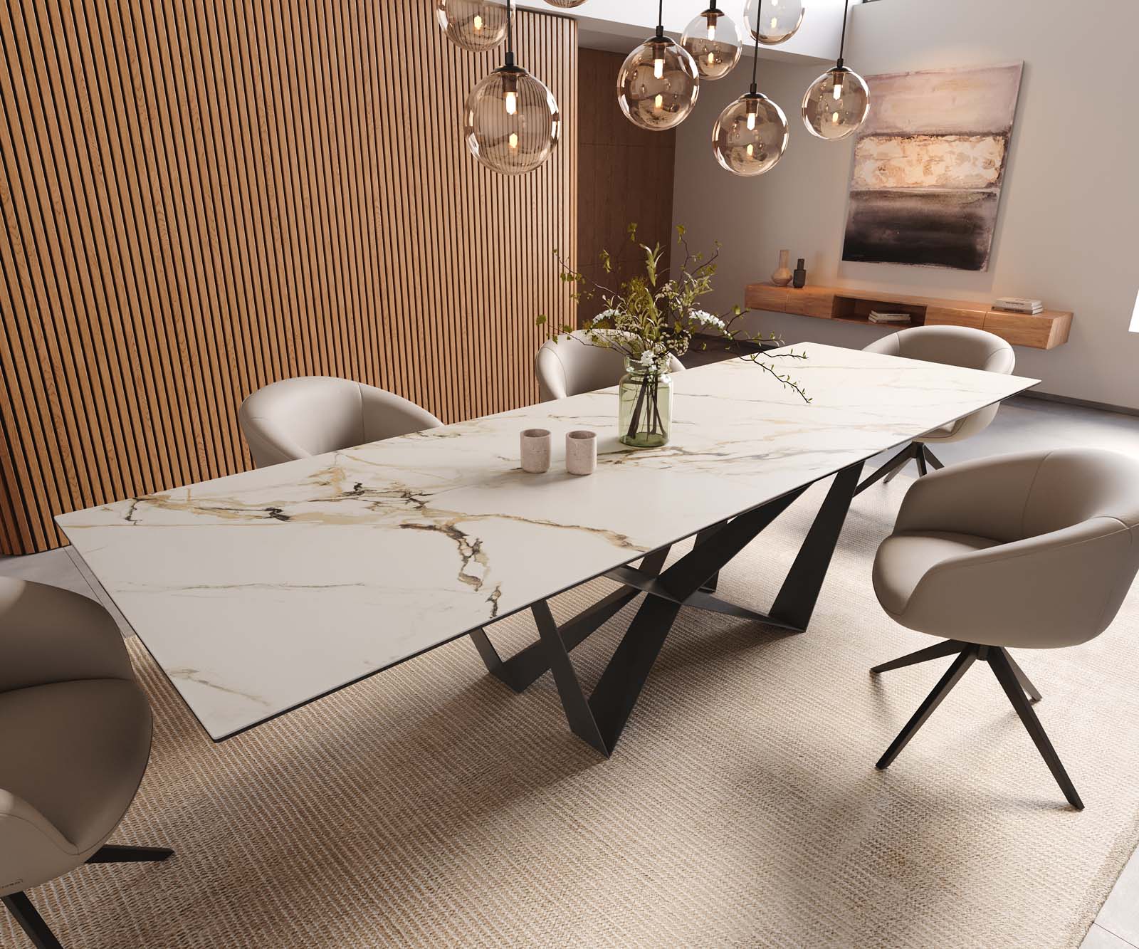 Esstisch Edge 300x100 Keramik Calacatta Luxe Weiß-Gold-Grau Spider Flachstahl Schwarz