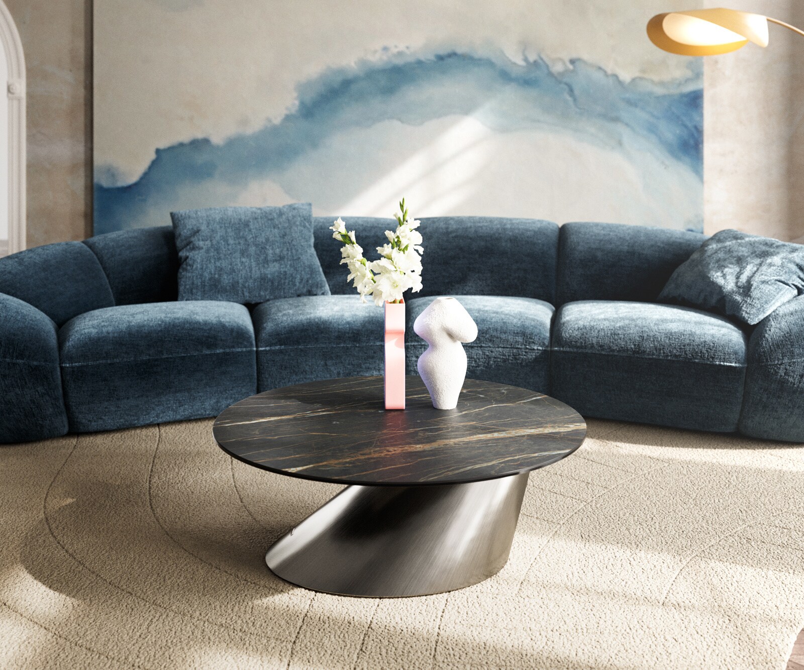 Couchtisch Edge Rund 90x90 cm Keramik Laminam® Noir Desir Braun Conis Edelstahl gebürstet 2