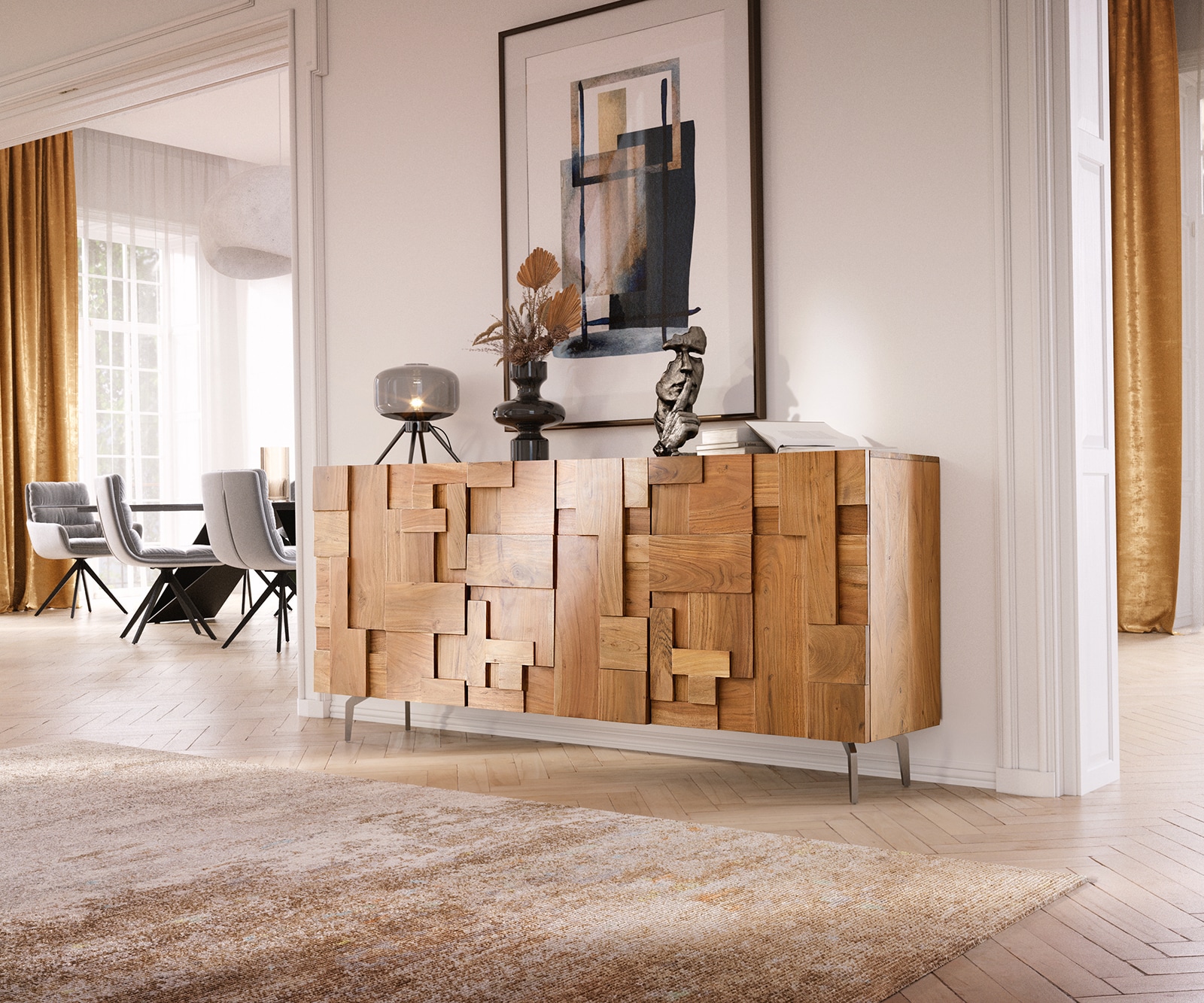 Sideboard Puzzle 175 cm Akazie Natur 3 Türen Winkelfuß Edelstahl Sideboard Puzzle 175 cm Akazie Natur 3 Türen Winkelfuß Edelstahl