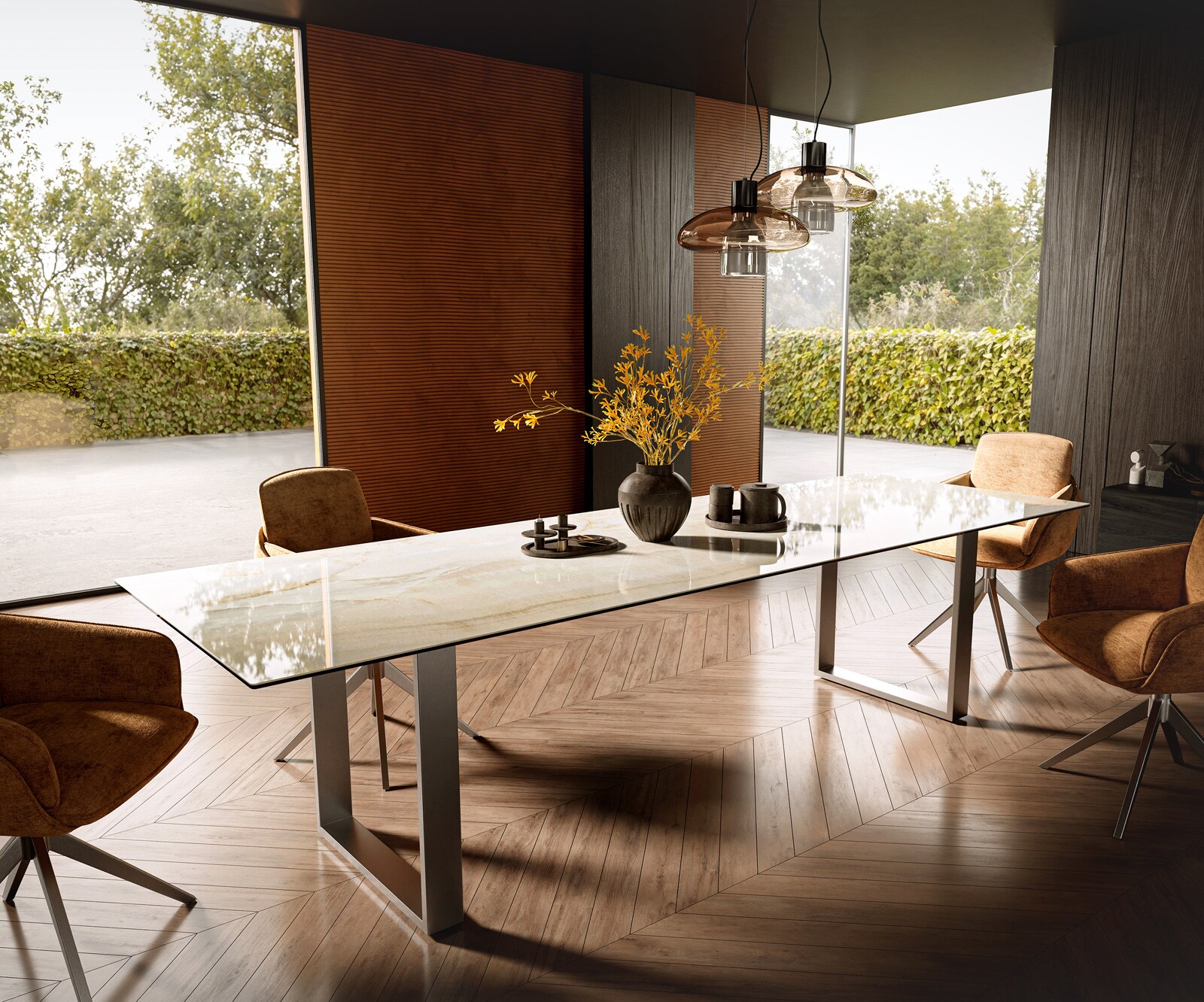 Table à manger Edge 300x100 Céramique Laminam® Onice Oro Acier inoxydable Étroit