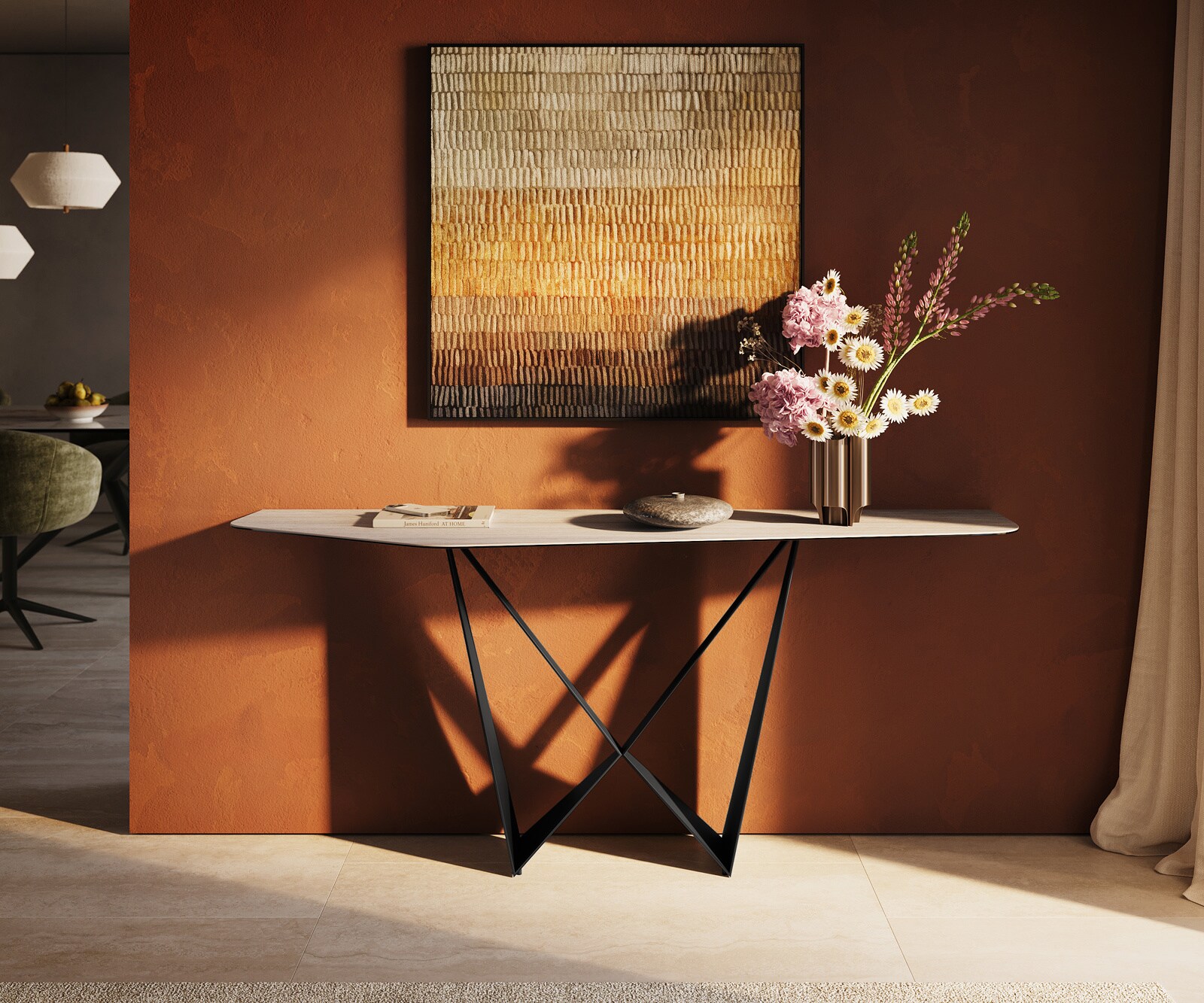 Console Edge Polygonal 180x50 cm Céramique Laminam® Travertino Bianco Creme-Weiß Spios Métal Noir