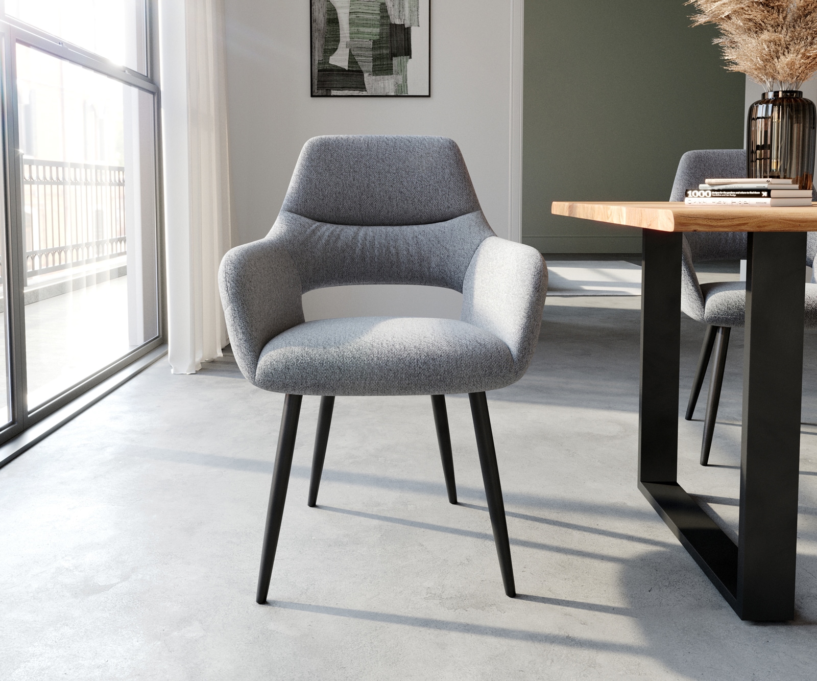 Esszimmerstuhl Yago-Flex mit Armlehnen Strukturstoff Hellgrau 4-Fuß konisch Schwarz Taschenfederkern 1 Esszimmerstuhl Yago-Flex mit Armlehnen Strukturstoff Hellgrau 4-Fuß konisch Schwarz Taschenfederkern 1