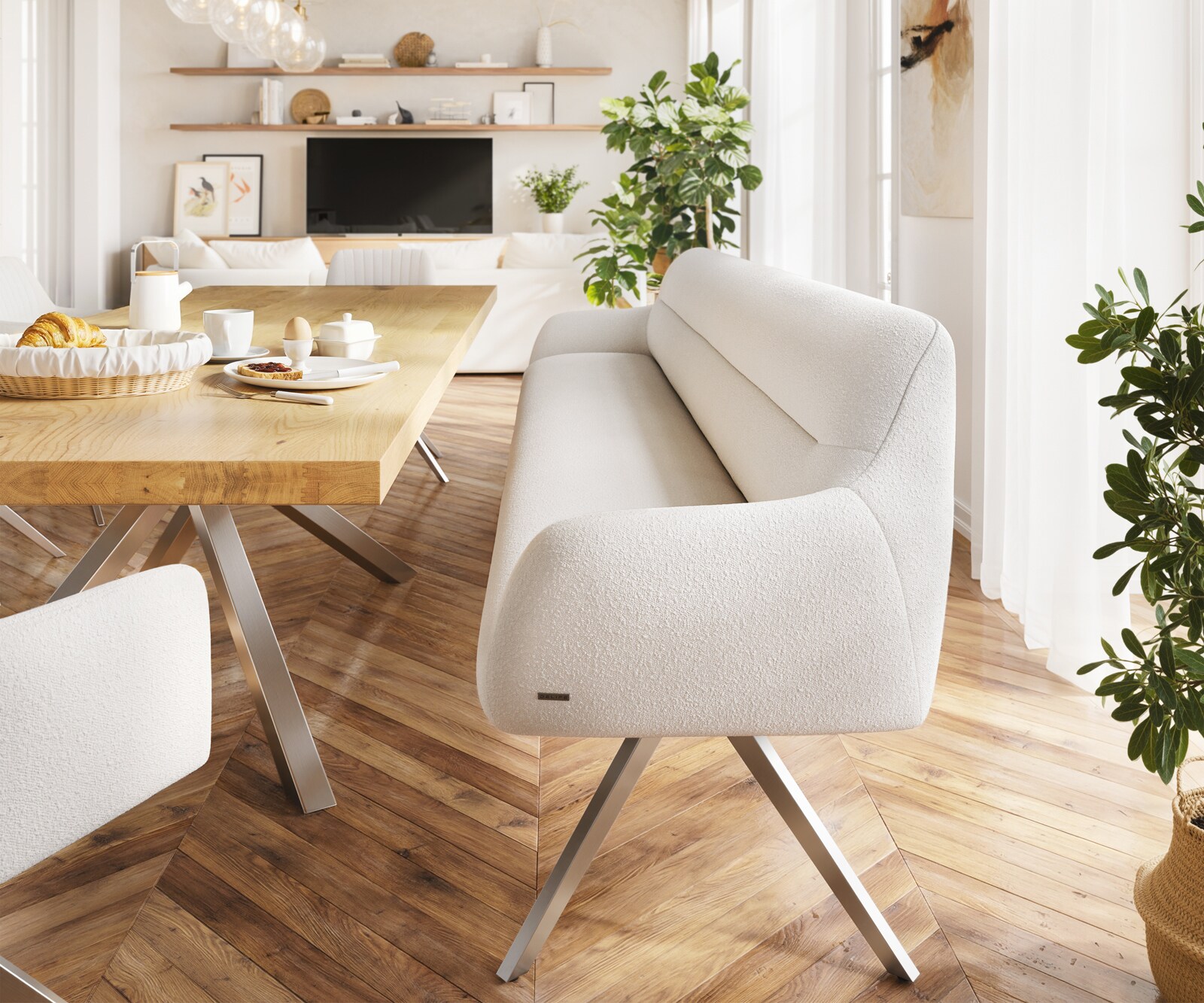 Esszimmerbank Taya-Flex 300 cm Bouclé Creme-Weiß Kreuzgestell kantig Edelstahl Taschenfederkern 1