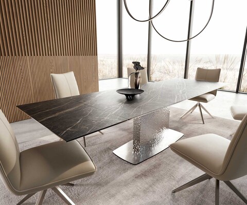 Table à manger Edge 200-300x100 céramique Laminam®Noir Desir marron Wave acier inoxydable extensible