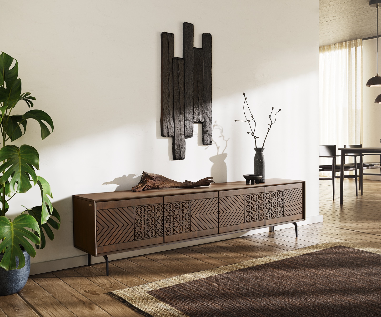 Lowboard Manjula 200 cm Mango Braun 4 Türen Winkelfuß Metall Schwarz Lowboard Manjula 200 cm Mango Braun 4 Türen Winkelfuß Metall Schwarz