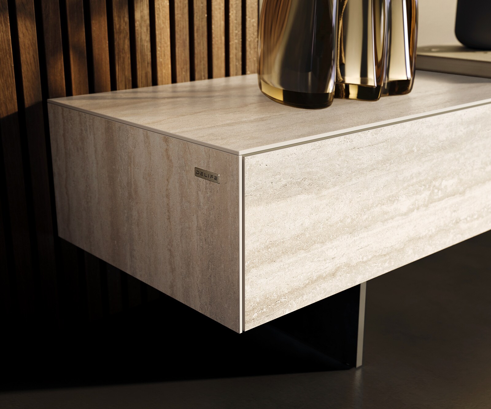 Meuble-TV Cuor 200 cm Céramique Laminam® Travertino Bianco Crème-blanc 1 Clapet 1 Tiroir Pied optique flottant Métal Noir 5