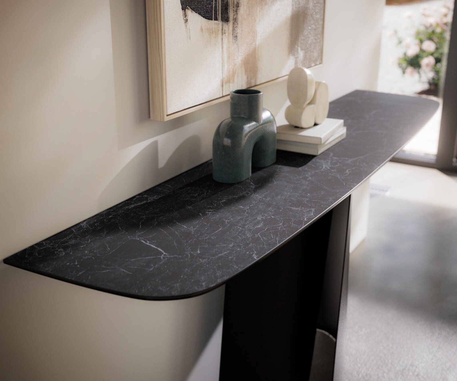 Konsolentisch Edge Boot 180x40 cm Keramik Laminam® Nero Greco Anthrazit Livos Metall Schwarz 1