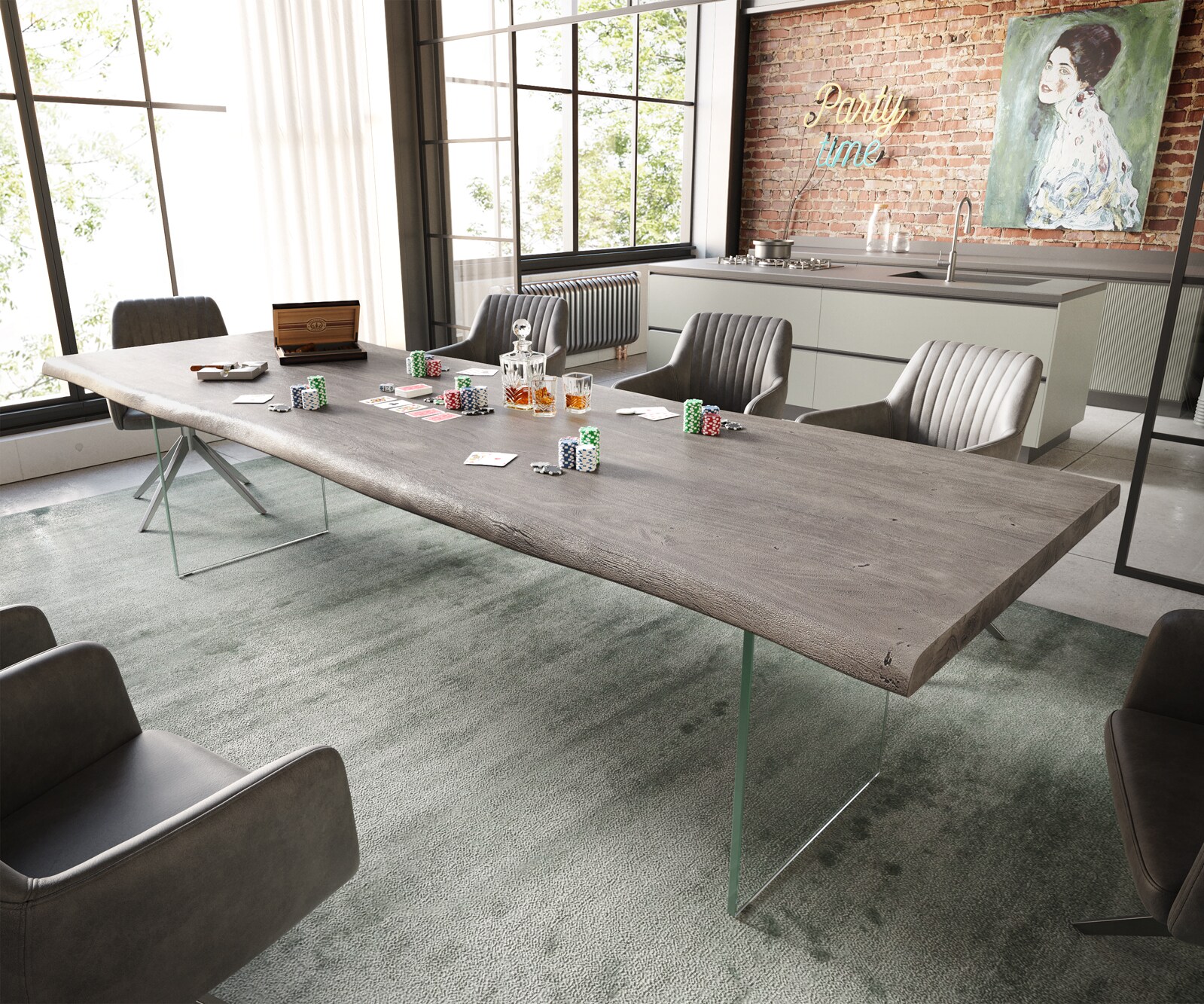 Esstisch Edge 300x100 XL Akazie Platin Glas Live-Edge 1