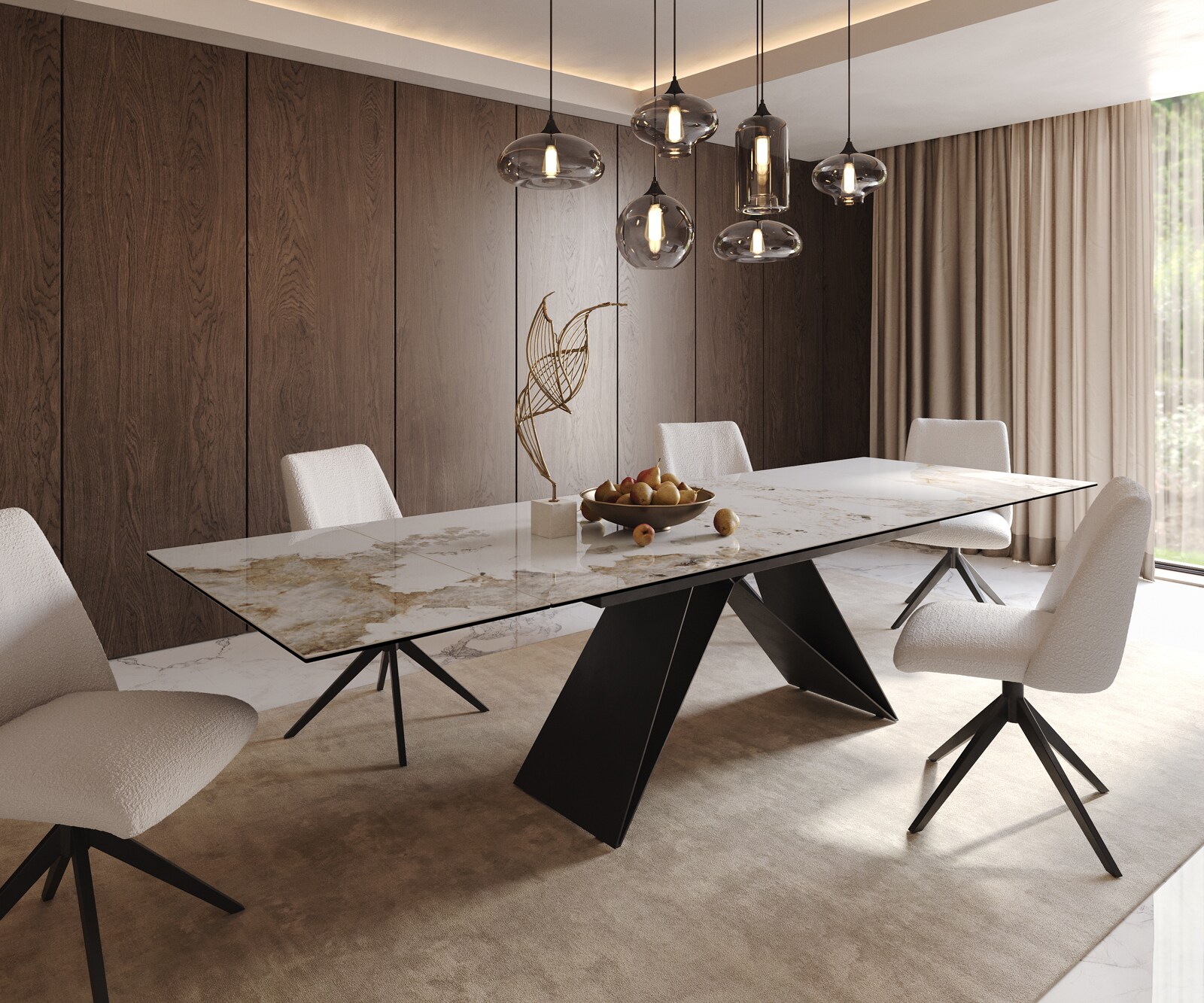 Table à manger Edge 200-300x100 céramique Minas mélange blanc-beige cadre en V acier plat noir extensible 1