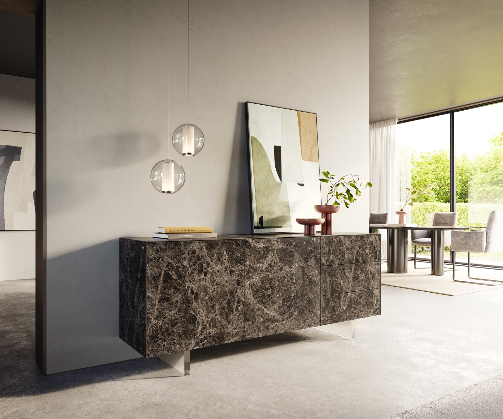 Buffet Cuor 180 cm Céramique Emperador Extra Lucidato brun foncé 2 Portes 3 Tiroirs Pied optique flottant Verre acrylique