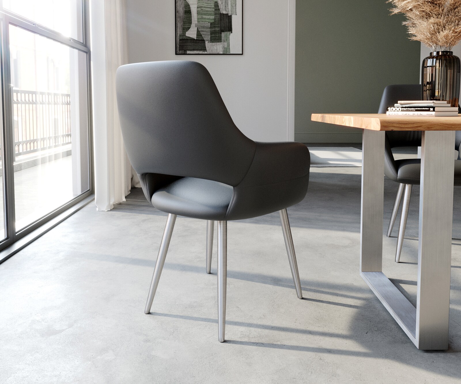 Esszimmerstuhl Yago-Flex mit Armlehnen Echt-Leder Schwarz 4-Fuß konisch Edelstahl Taschenfederkern 4 Esszimmerstuhl Yago-Flex mit Armlehnen Echt-Leder Schwarz 4-Fuß konisch Edelstahl Taschenfederkern 4