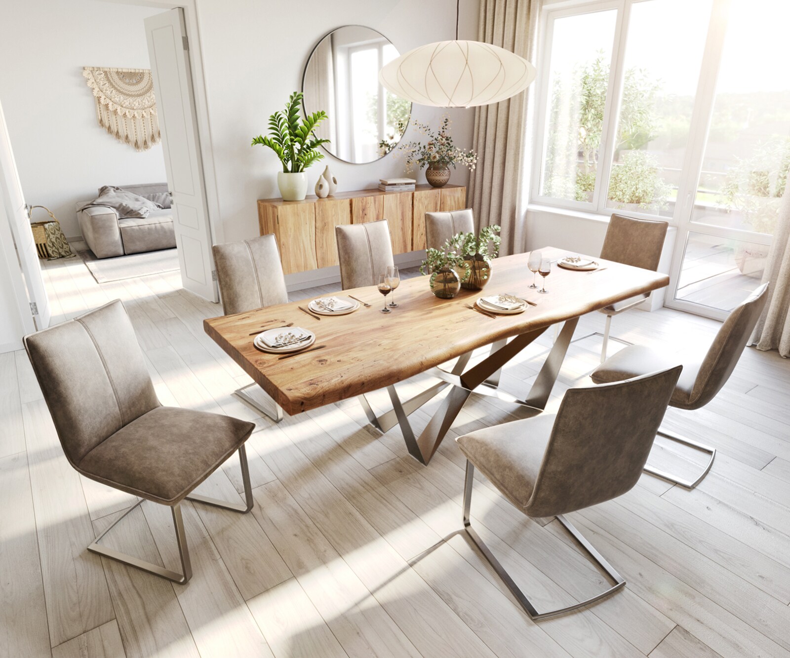 Table à manger Edge 260x100 XL acacia nature Spider acier plat acier inoxydable Live-Edge 6