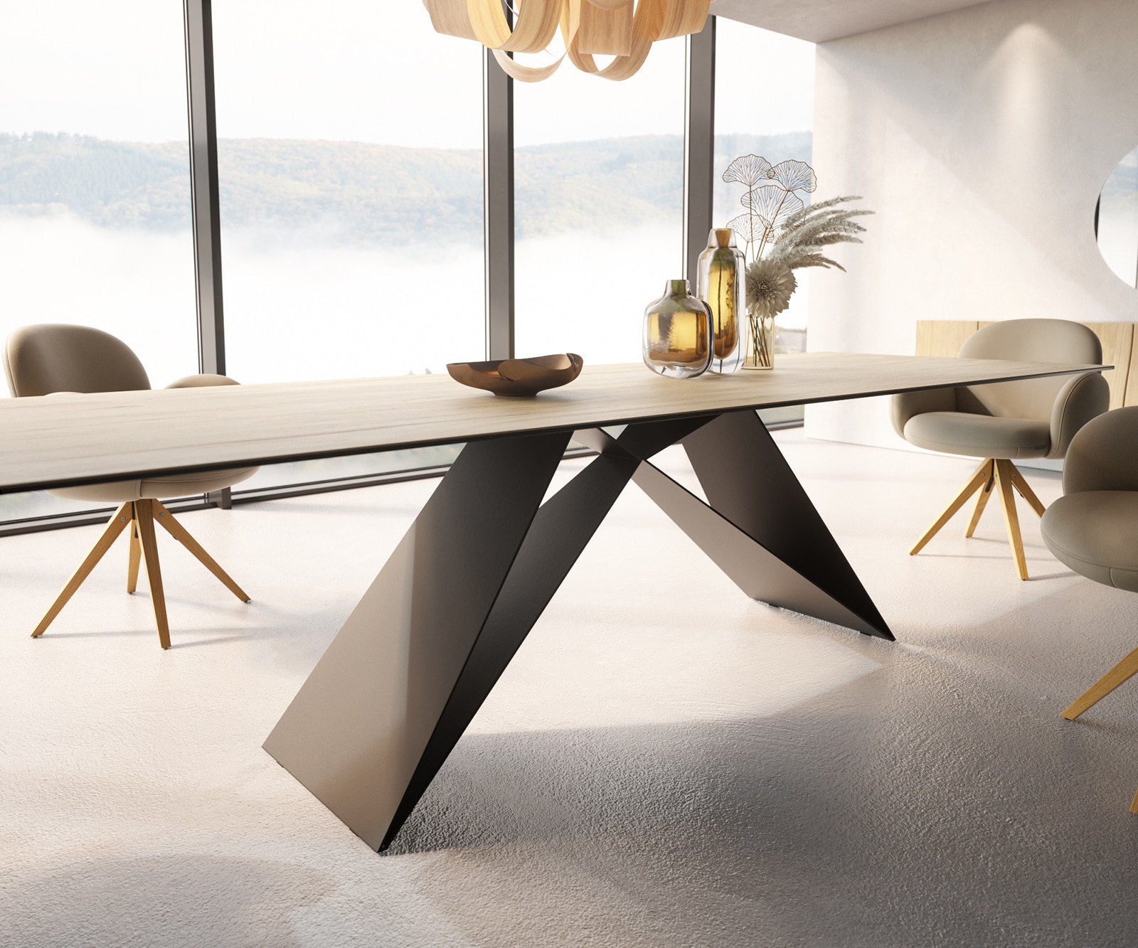 Esstisch Edge 300x100 Keramik Laminam® Sabbia Eichefarbig V-Gestell Flachstahl Schwarz 6