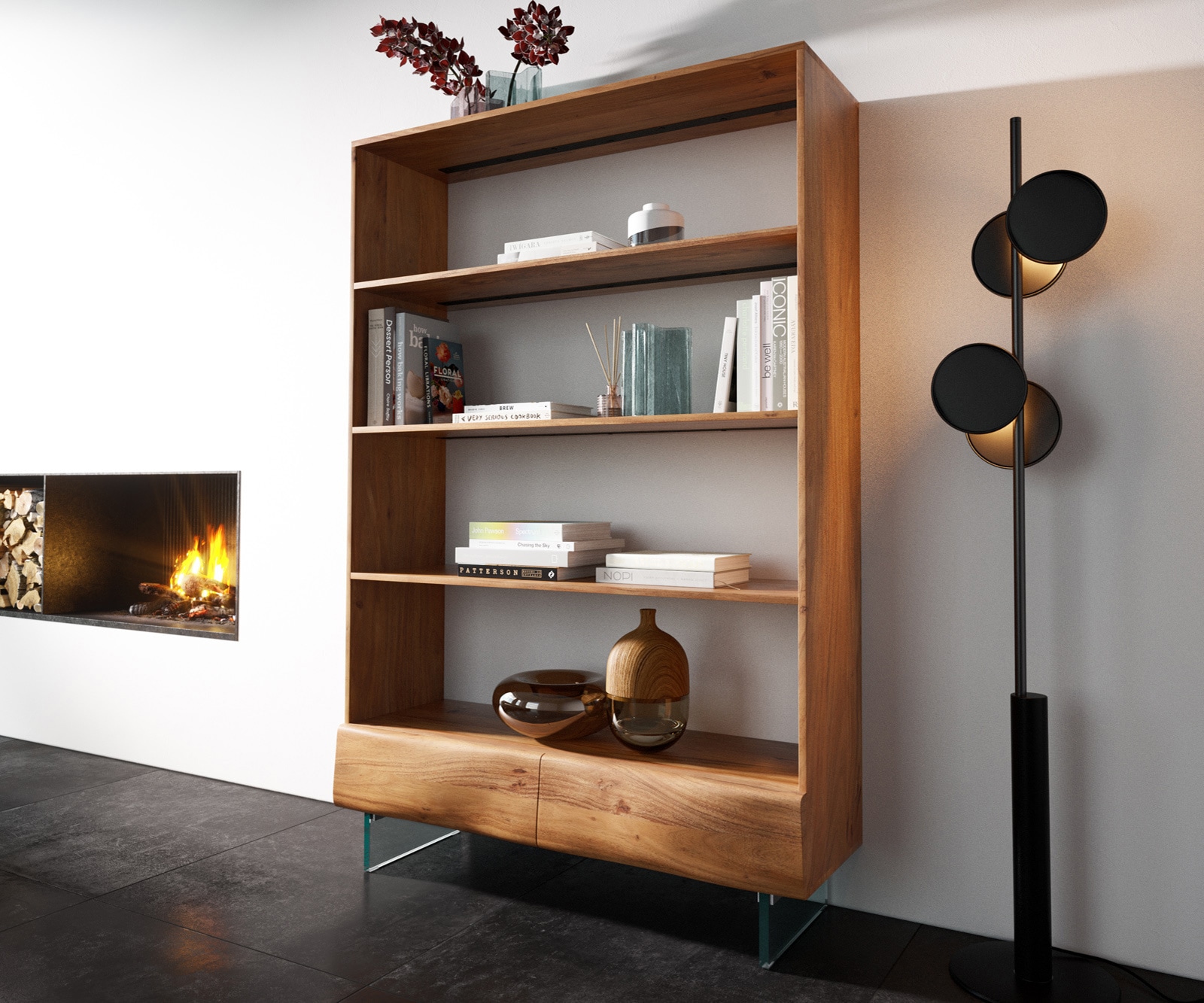 Étagère New Live-Edge 115x150 cm acacia naturel 2 tiroirs pieds en verre  3 Étagère New Live-Edge 115x150 cm acacia naturel 2 tiroirs pieds en verre  3