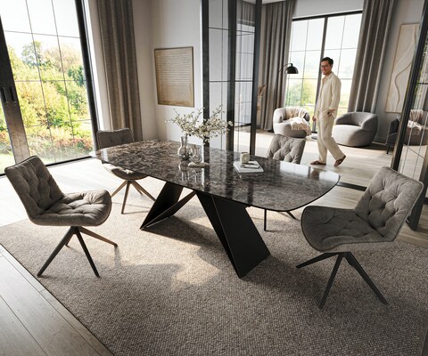 Table de salle à manger Edge Boot 180-220x100 cm Céramique Emperador Extra Lucidato Brun foncé Piètement en V Acier plat Noir extensible