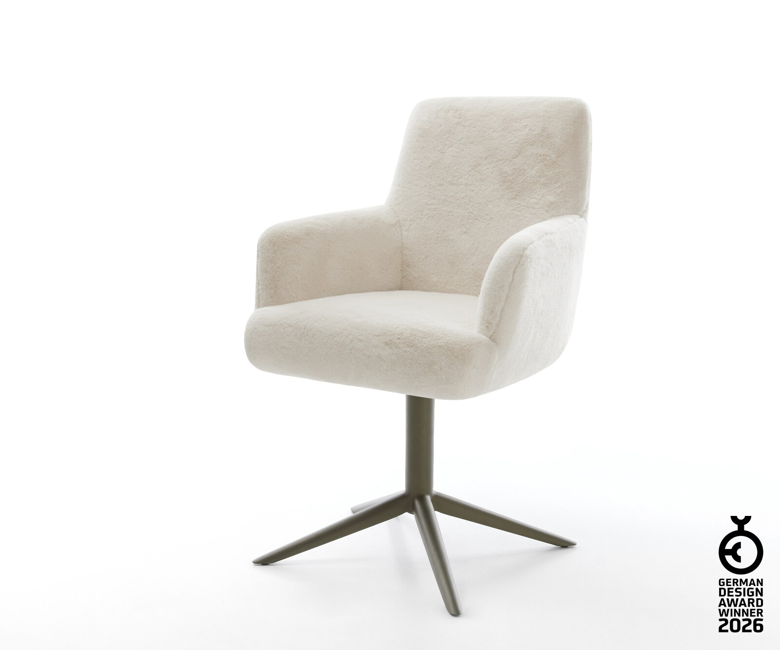 Chaise-pivotante Heira-Flex avec accoudoirs peluche crème-blanc pied de chaise 4 branches aspect titane pivotement sur 360° fonction bascule resorts ensachés 1