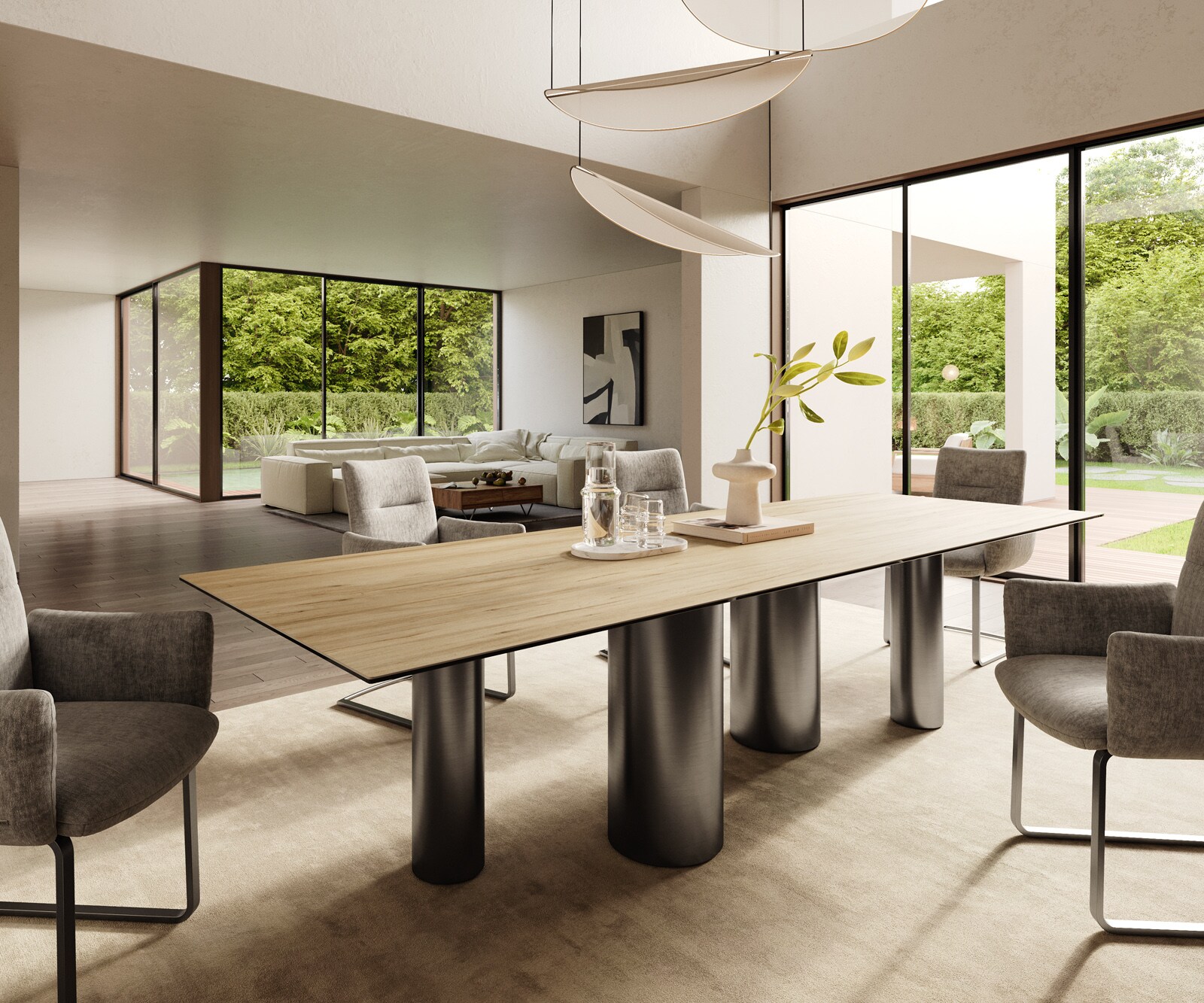 Esstisch Edge 300x100 Keramik Laminam® Sabbia Eichefarbig Pilier Edelstahl Graphit 1