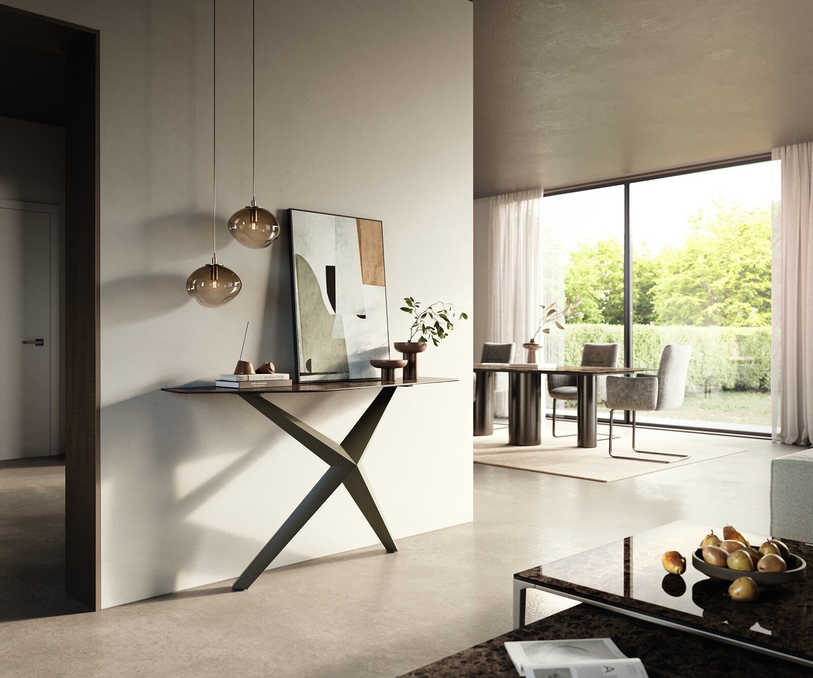 Konsolentisch Edge Polygonal 140x50 cm Keramik Emperador Extra Lucidato Dunkelbraun Zentharo Metall Effektfinish Titan 7