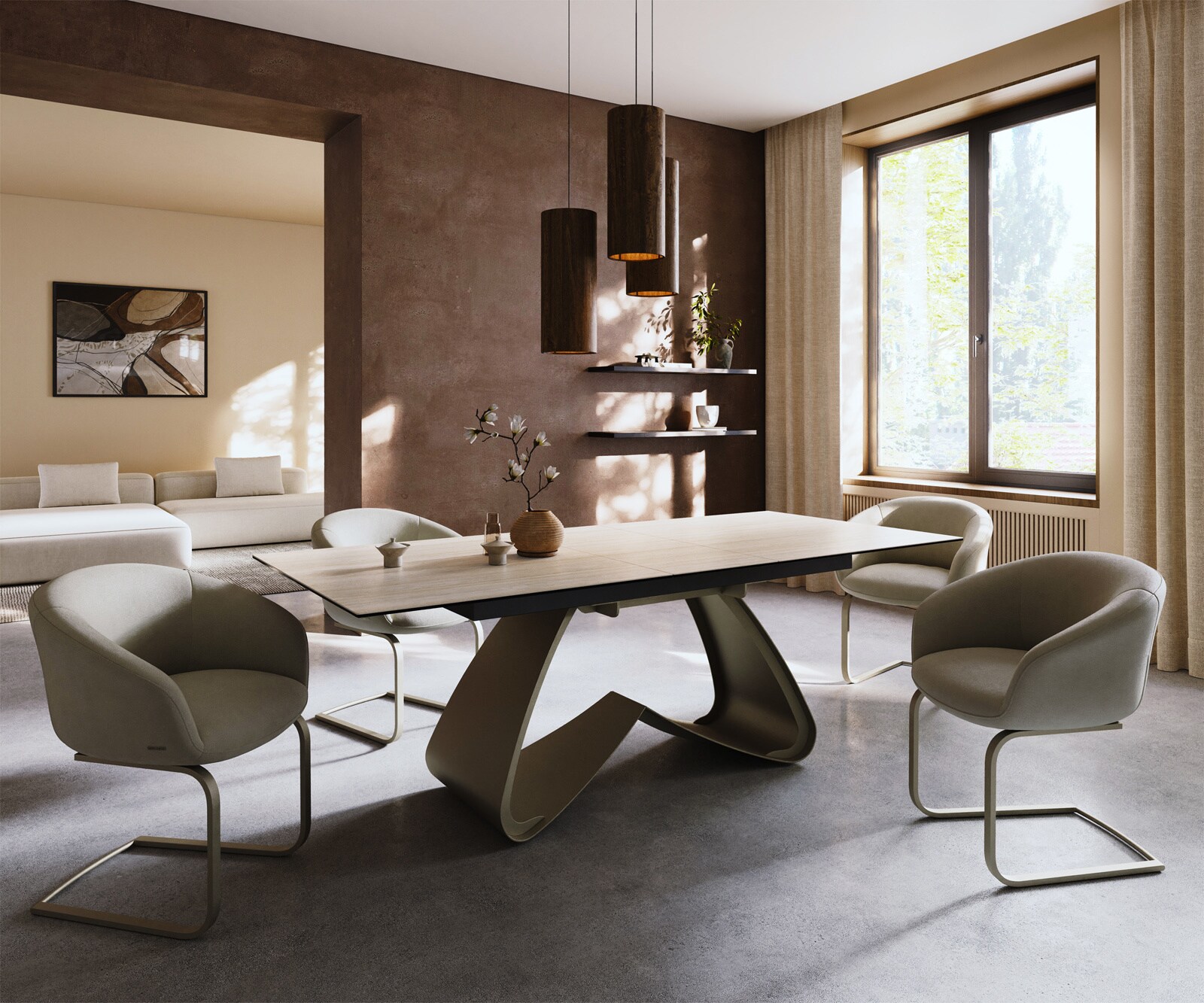 Esstisch Edge 180-220x100 Keramik Laminam® Travertino Bianco Creme-Weiß W-Gestell Effektfinish Titan ausziehbar 6