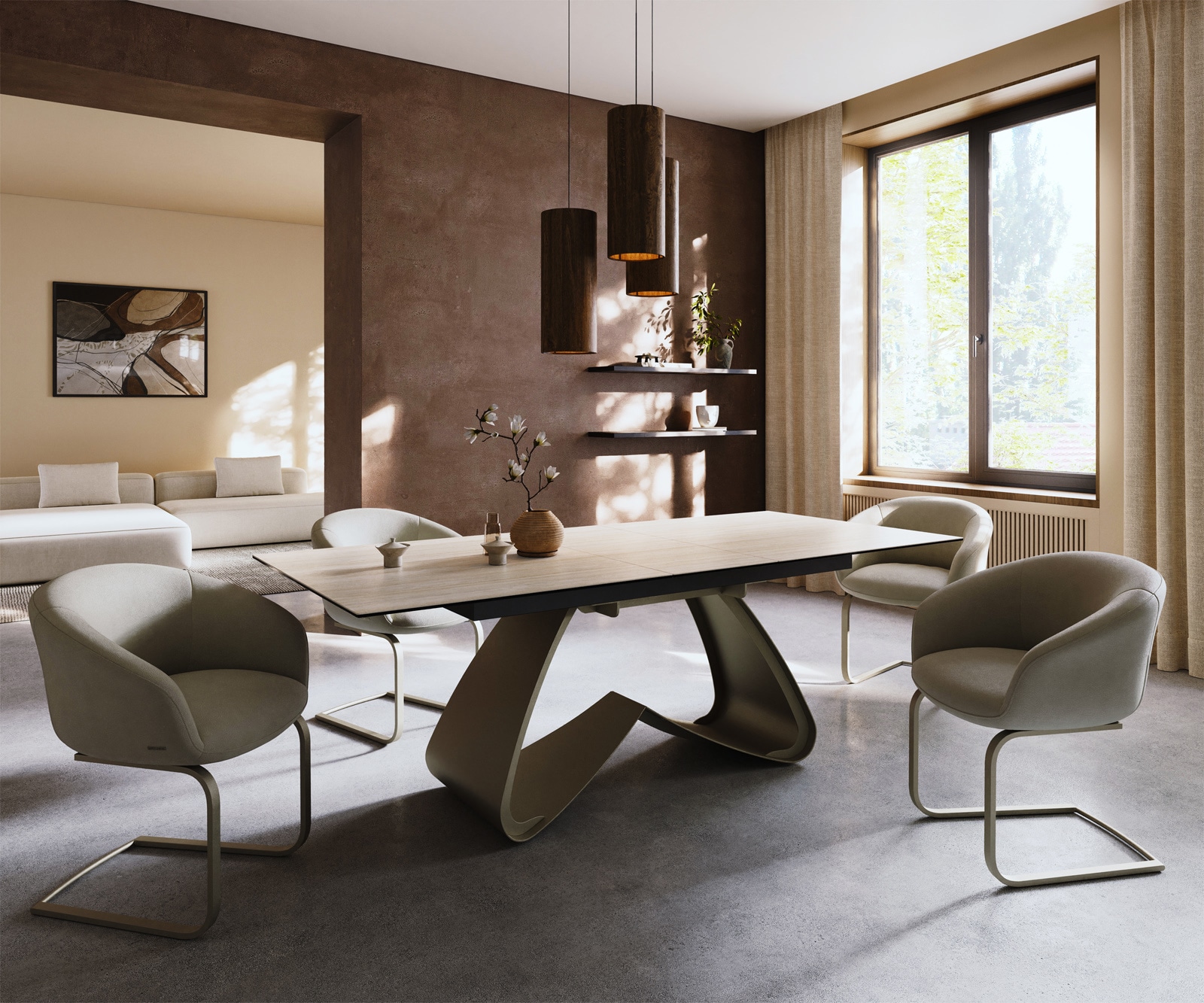 Esstisch Edge 180-220x100 Keramik Laminam® Travertino Bianco Creme-Weiß W-Gestell Effektfinish Titan ausziehbar 6 Esstisch Edge 180-220x100 Keramik Laminam® Travertino Bianco Creme-Weiß W-Gestell Effektfinish Titan ausziehbar 6