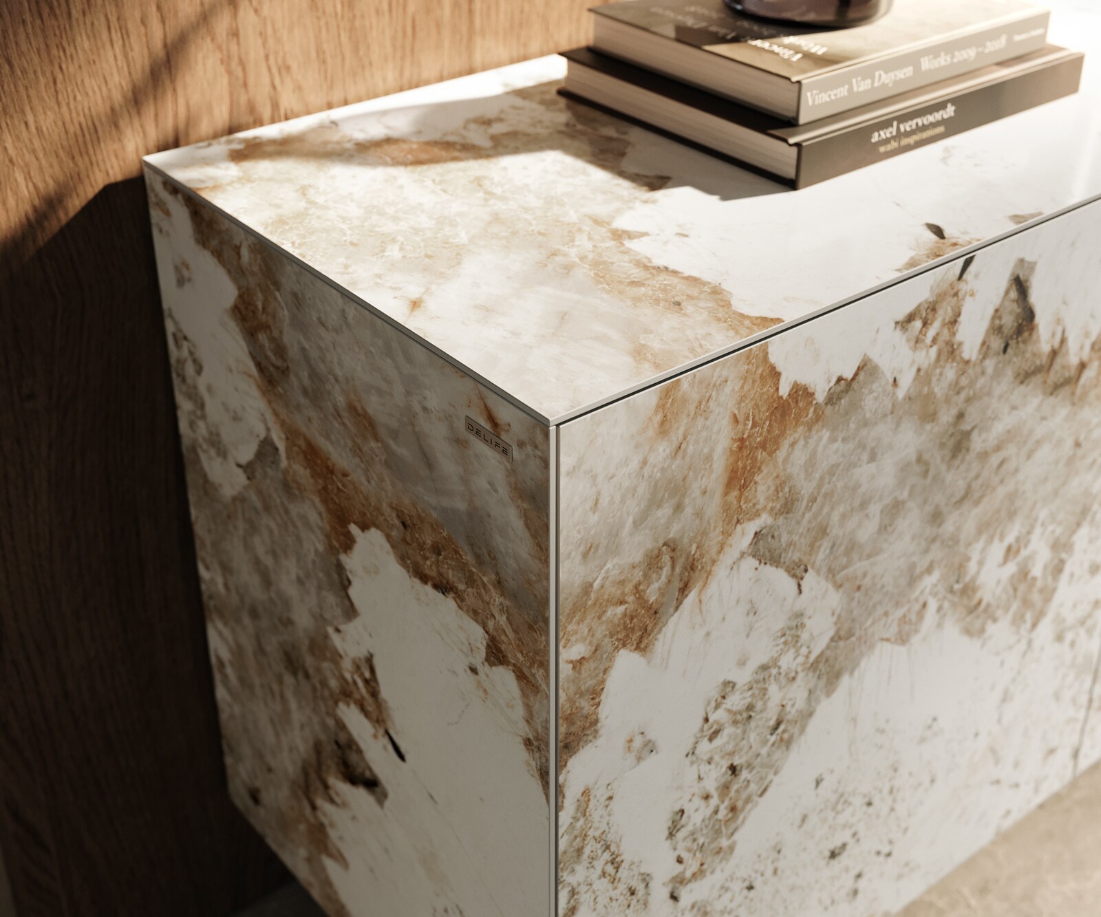 Sideboard Cuor 180 cm Keramik Minas Melange Weiß-Beige 2 Türen 3 Schubfächer Fuß Schwebeoptik Edelstahl 5