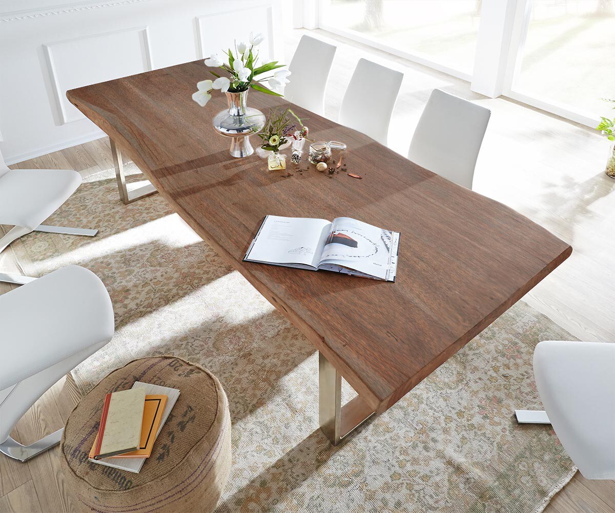 Table-à-manger Edge 300x100 XL acacia marron acier inoxydable mince Live-Edge 2