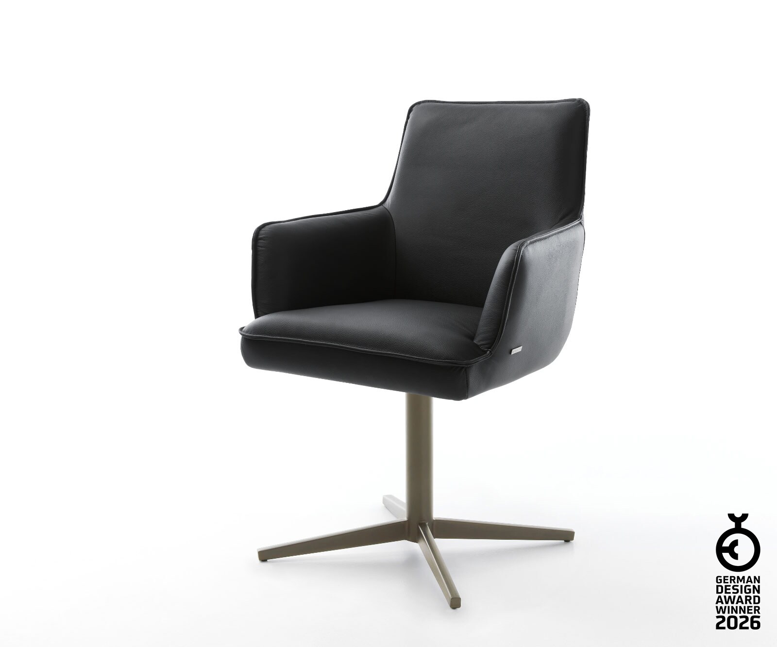 Chaise-pivotante Heira-Flex avec accoudoirs cuir de vache noir pied de chaise 4 branches aspect titane pivotement sur 360° ressorts ensachés