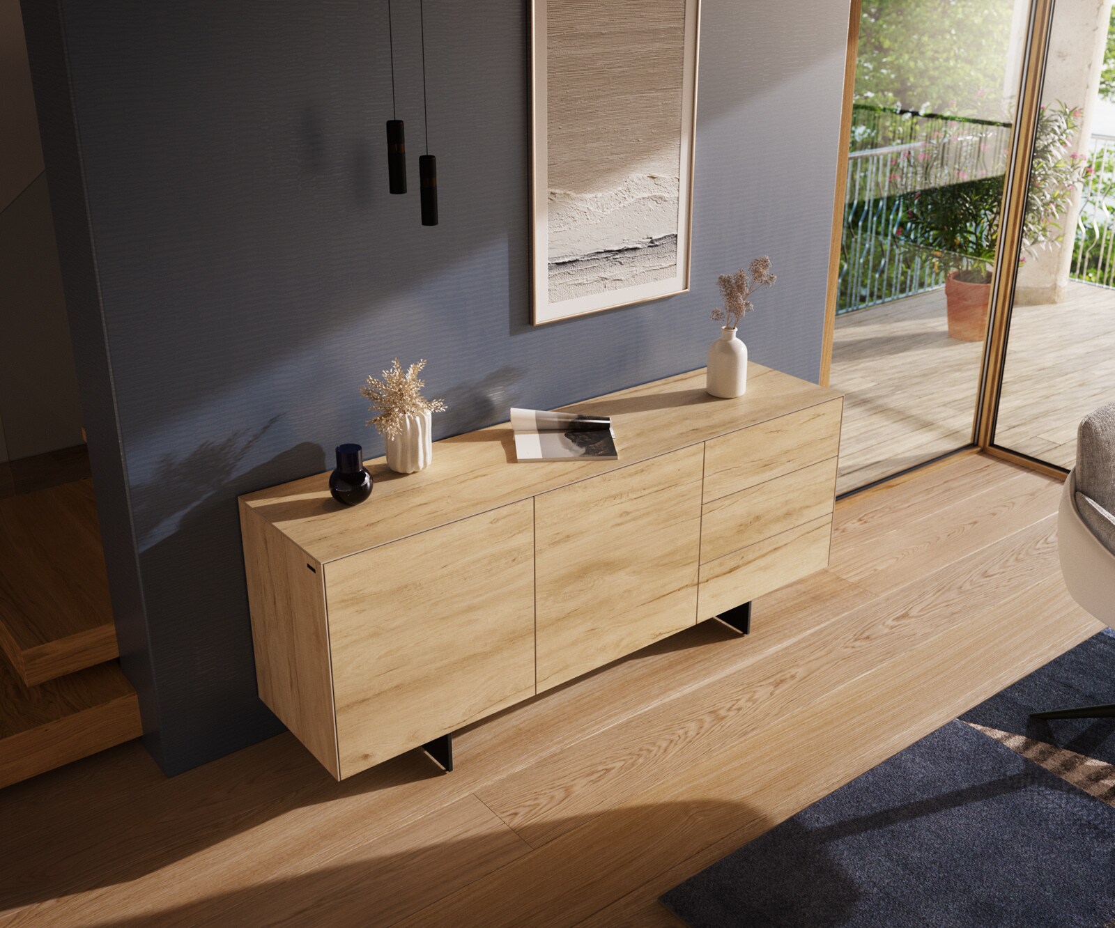 Buffet Cuor 180 cm Céramique Laminam® Sabbia Teinte chêne 2 Portes 3 Tiroirs Pied optique flottant Métal Noir 4