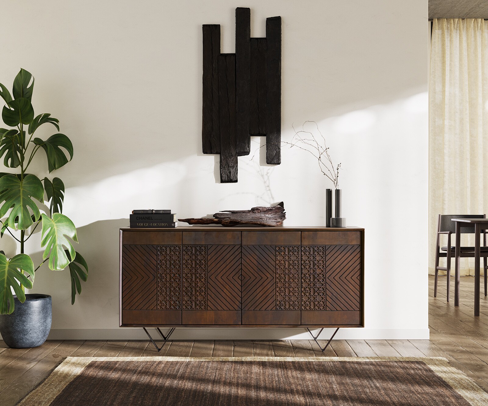 Sideboard Manjula 145 cm Mango Braun 4 Türen V-Fuß Metall Schwarz 2