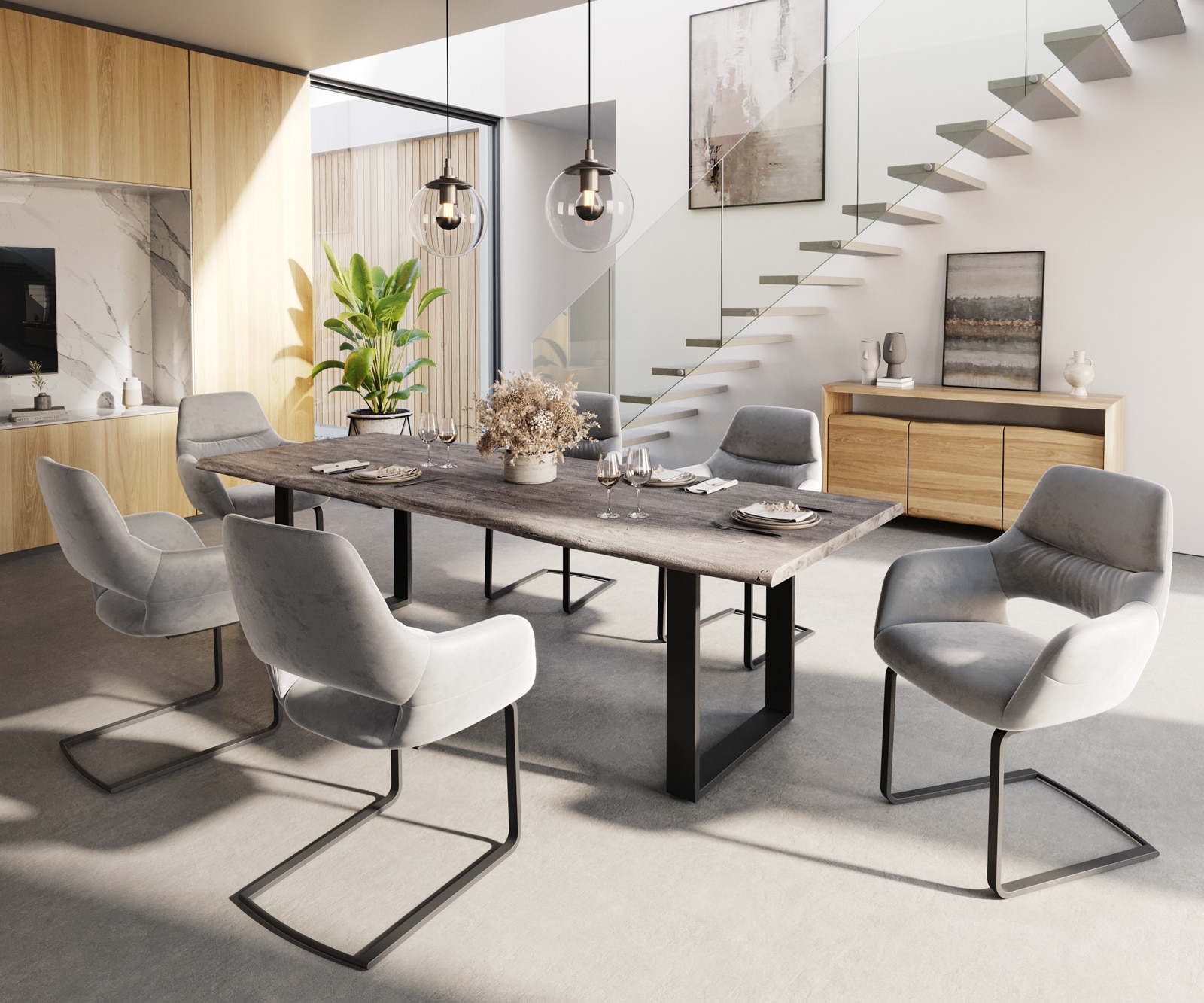 Esstisch Edge 260x100 Akazie Platin Kufengestell Schwarz Live-Edge 5 Esstisch Edge 260x100 Akazie Platin Kufengestell Schwarz Live-Edge 5