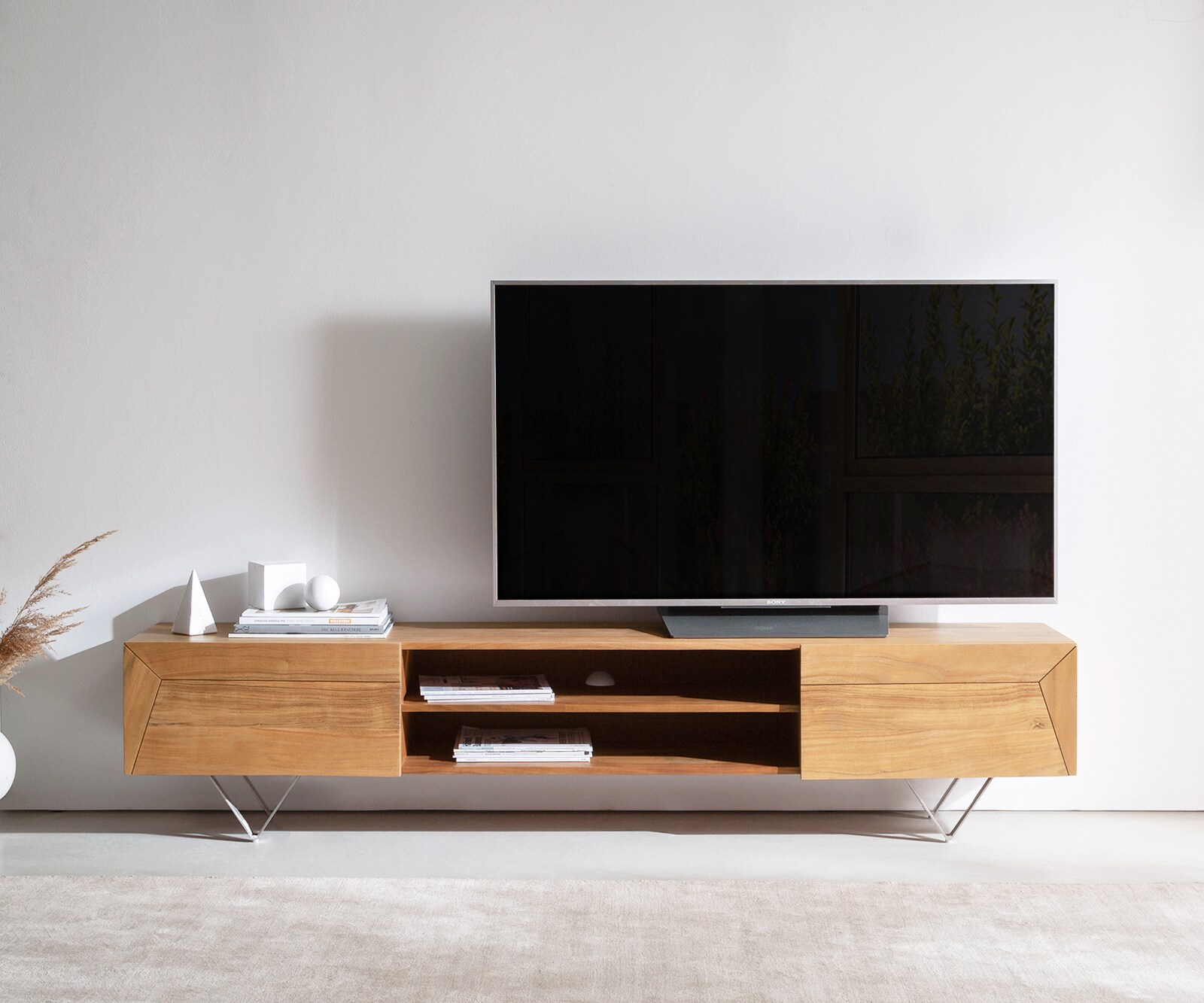 Meuble-TV Kayu 200 cm acacia naturel 2 portes pied en V 1