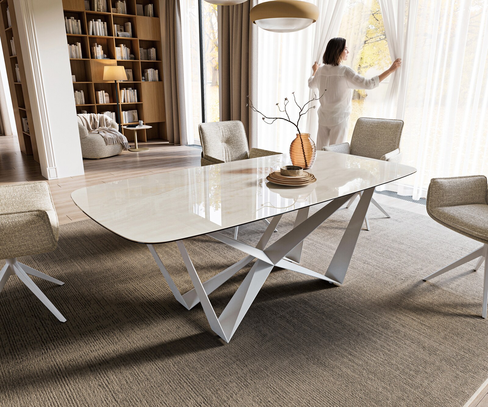 Esstisch Edge Boot 200x100 cm Keramik Onyx Champagne Spider Metall Weiß