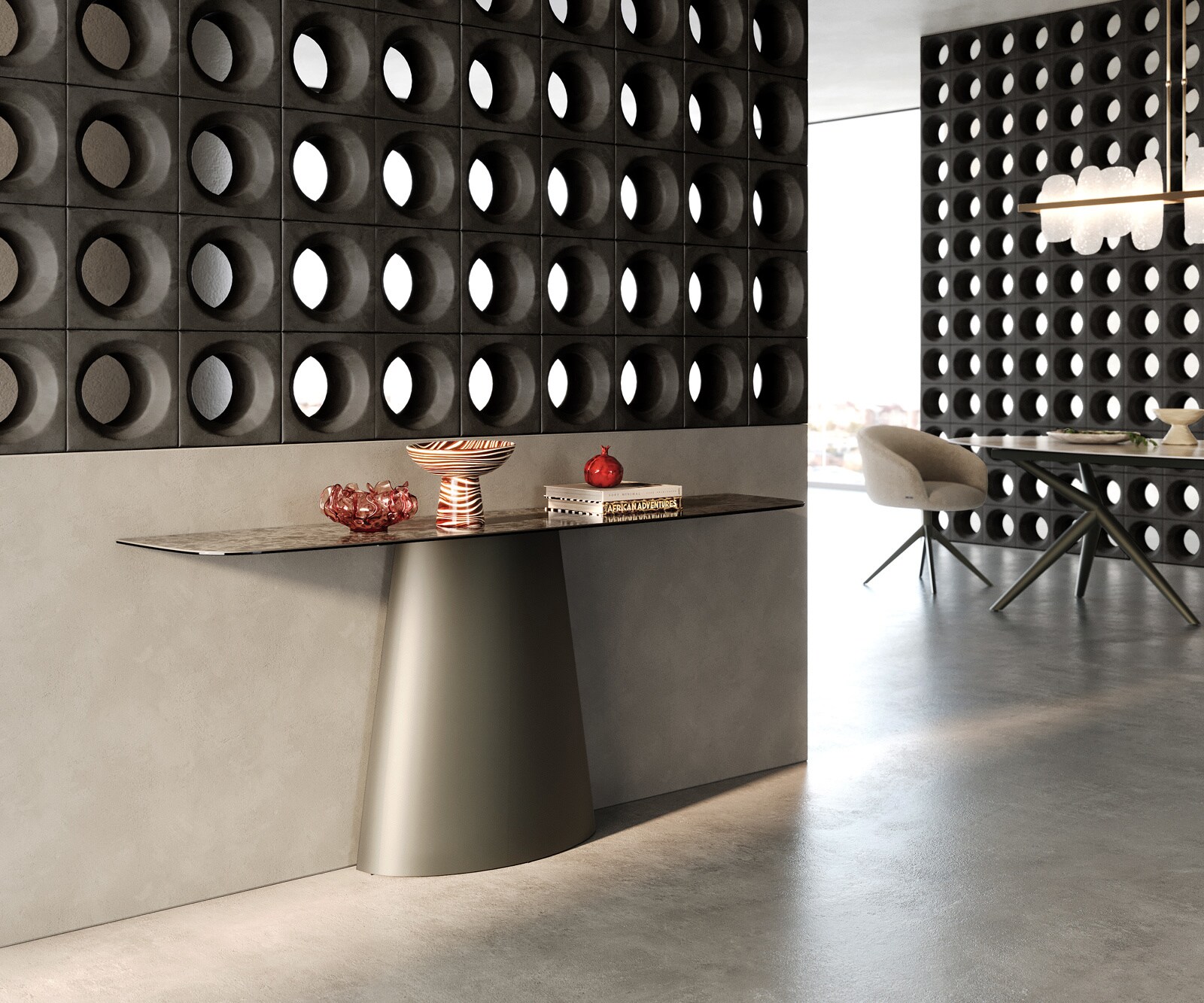 Console Edge forme bateau 180x40 cm Céramique Emperador Extra Lucidato Dunkelbraun Conos Métal Effektfinish Titan 6