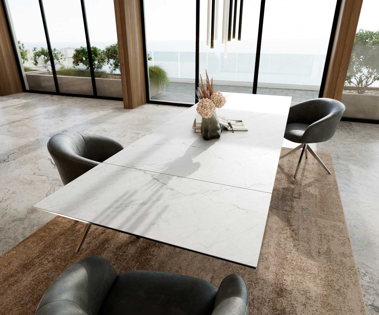 Esstisch Edge 200-300x100 Keramik Laminam®Statuarietto Weiß Wave Edelstahl ausziehbar 5 Esstisch Edge 200-300x100 Keramik Laminam®Statuarietto Weiß Wave Edelstahl ausziehbar 5